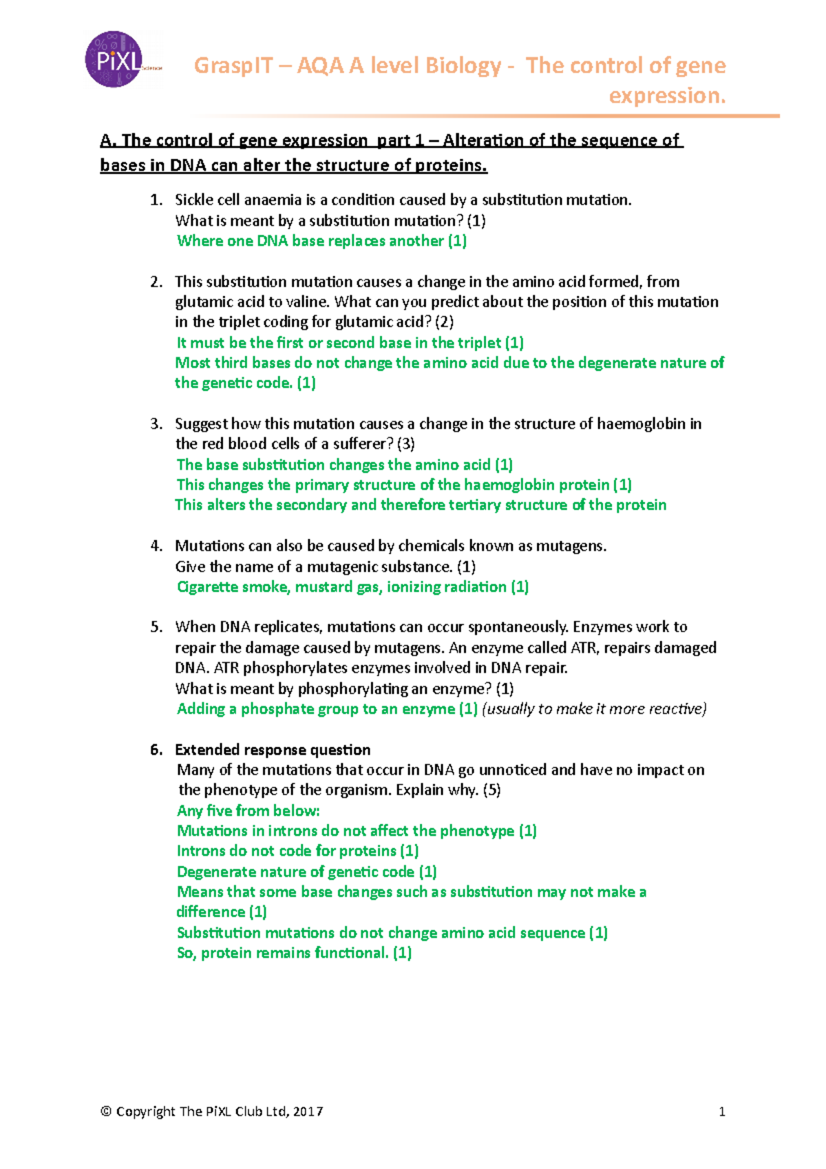AQA Biology The control of gene expression Grasp IT A level Answers ...