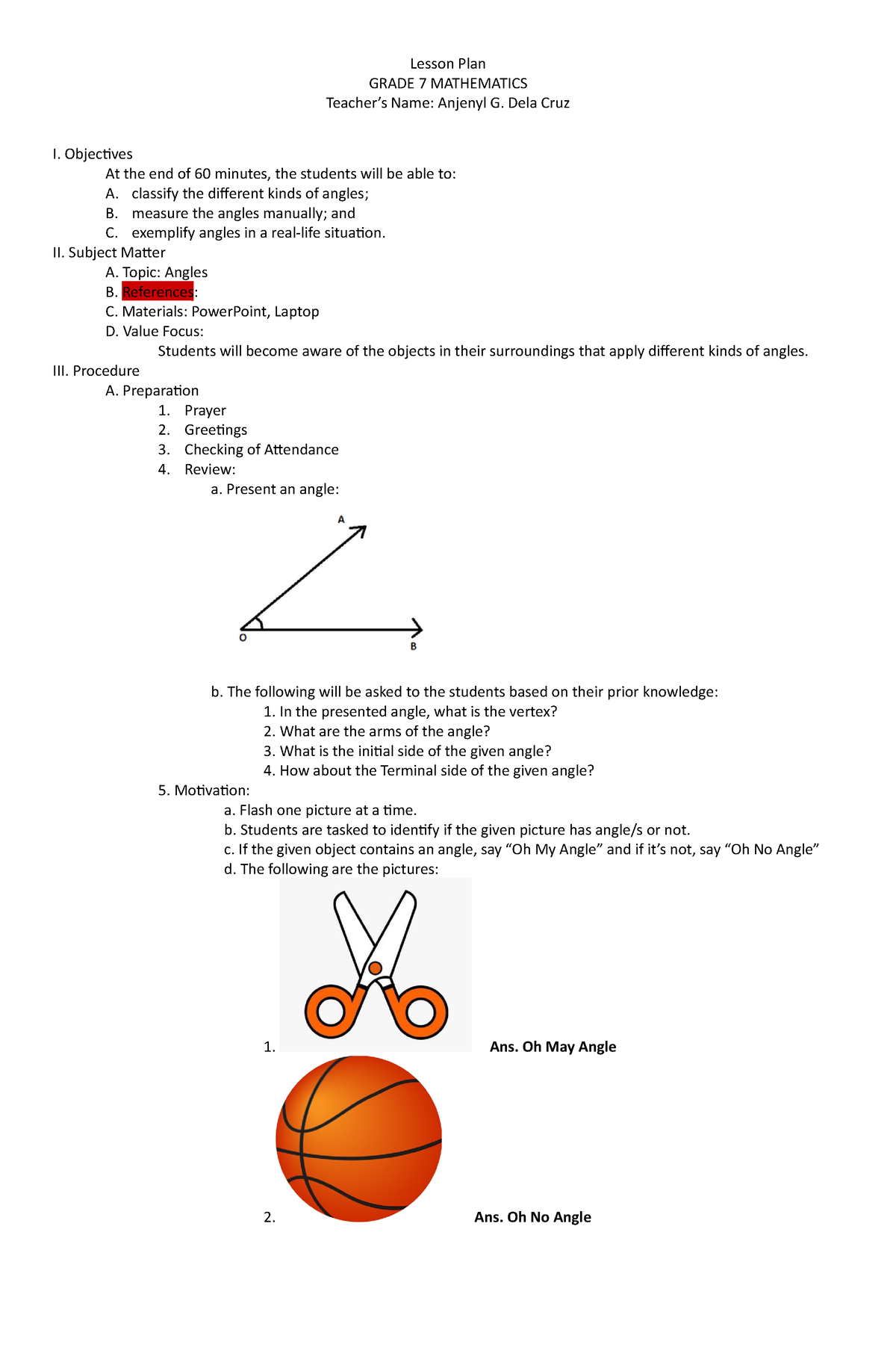 Kinds Of Angles Lesson Plan Grade 7 Mathematics Teachers Name Anjenyl G Dela Cruz I 0227