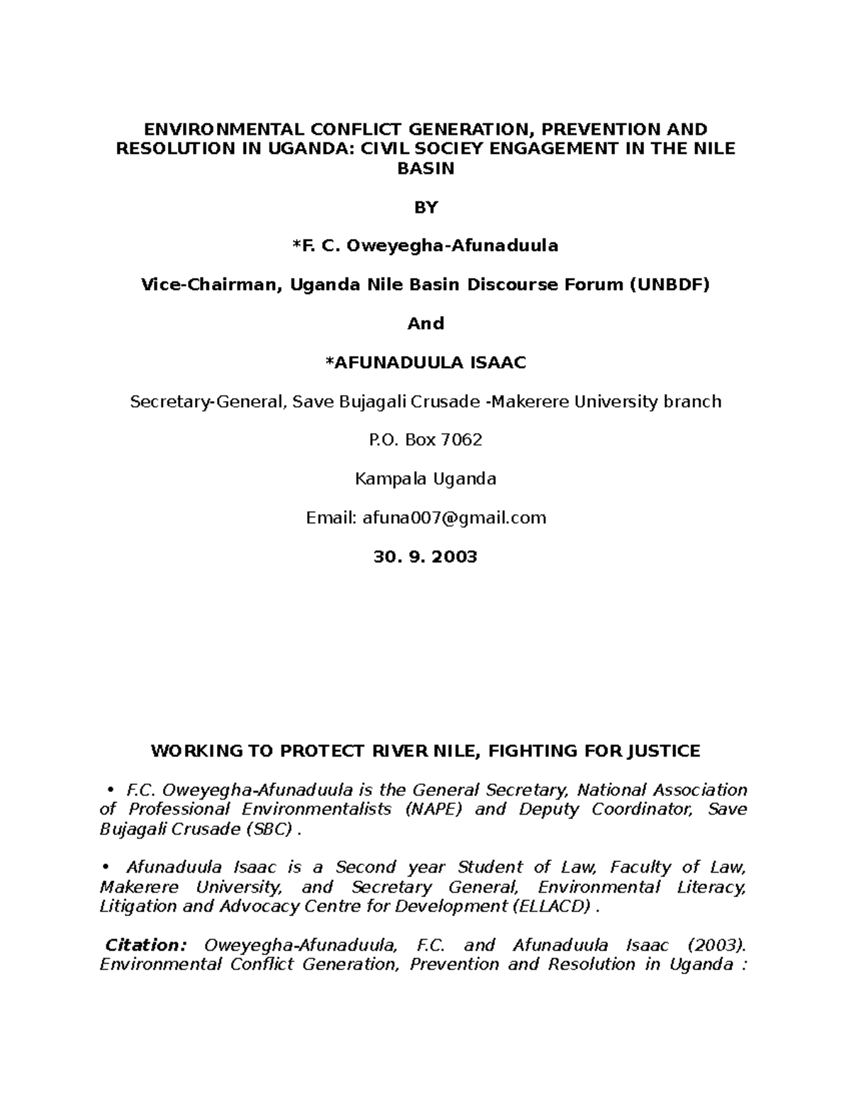 Environmentalconflictgenerationpreventionandresolutioninuganda