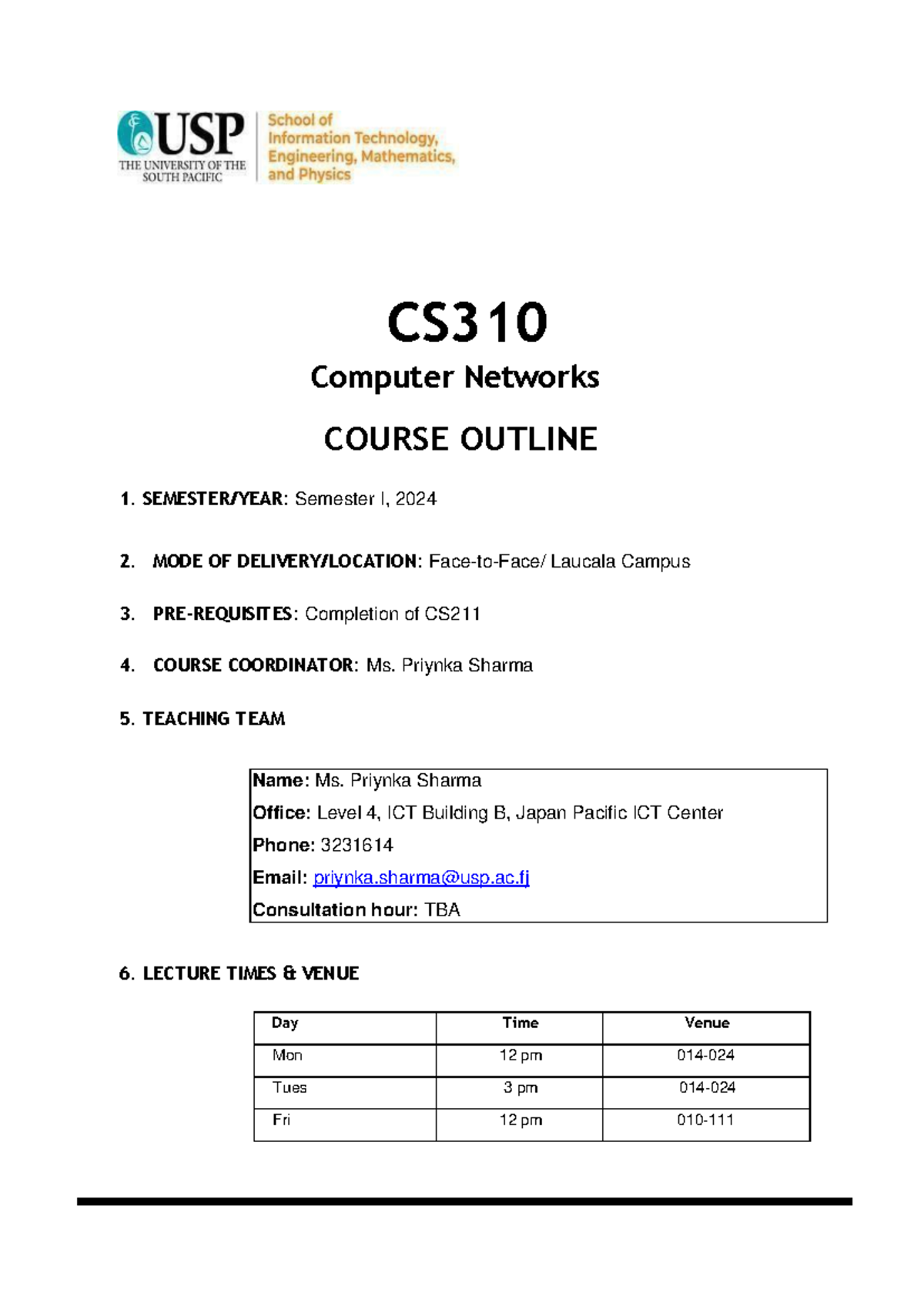 CS310 Computer Networks – F2F Course Outline S12024 - CS Computer ...