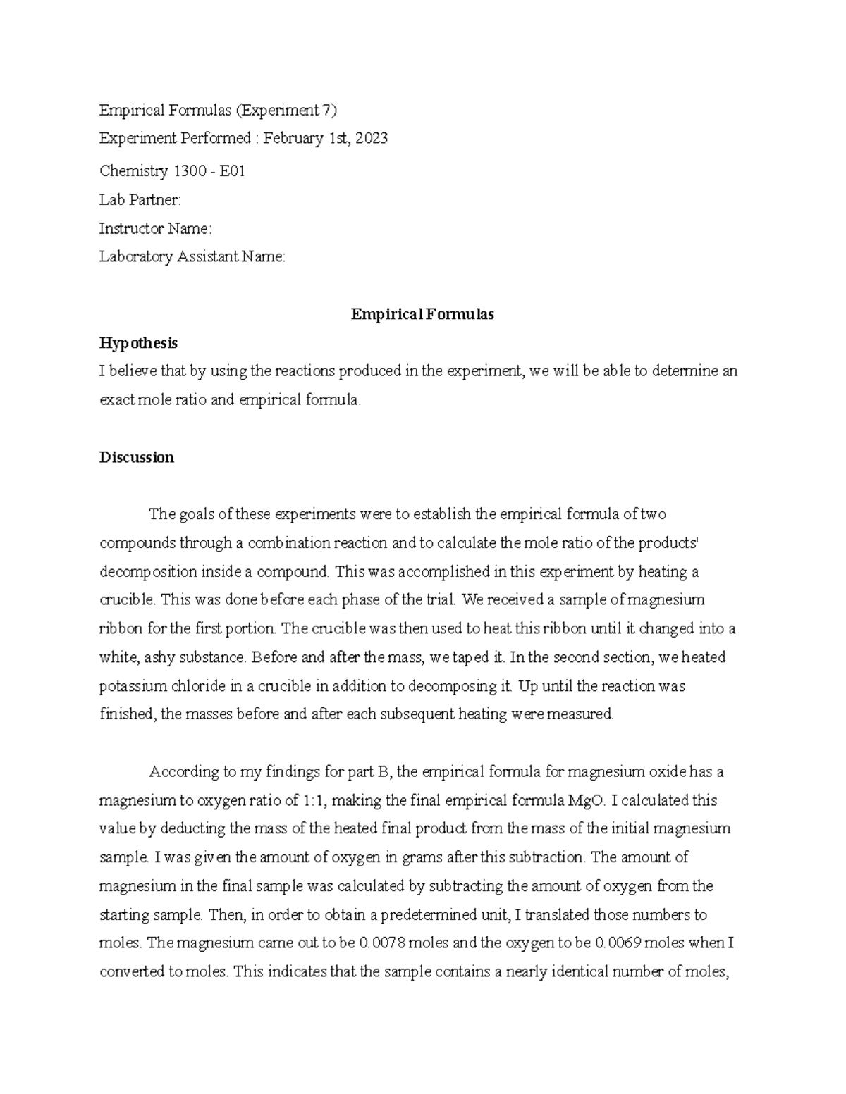 experiment 7 prelaboratory assignment empirical formulas