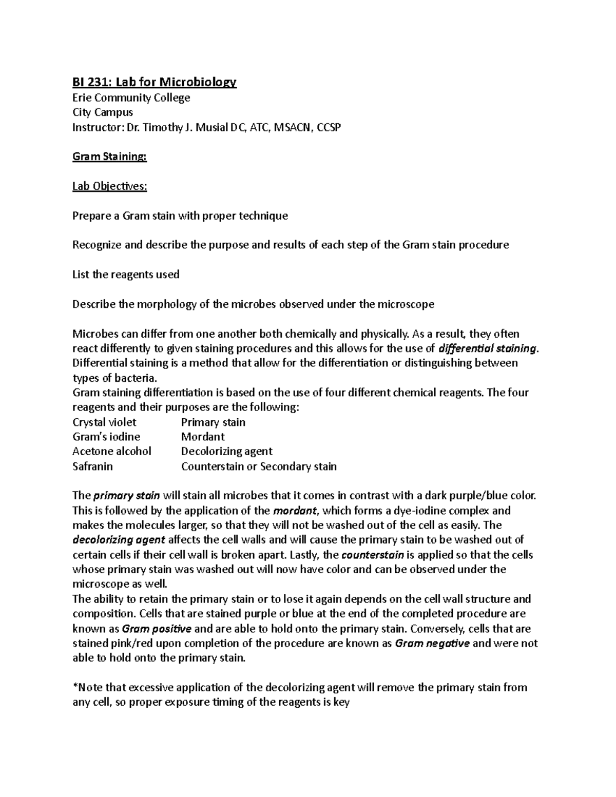 BI 231 Lab 12 Gram Stain - Lab material for practical - BI 231: Lab for ...