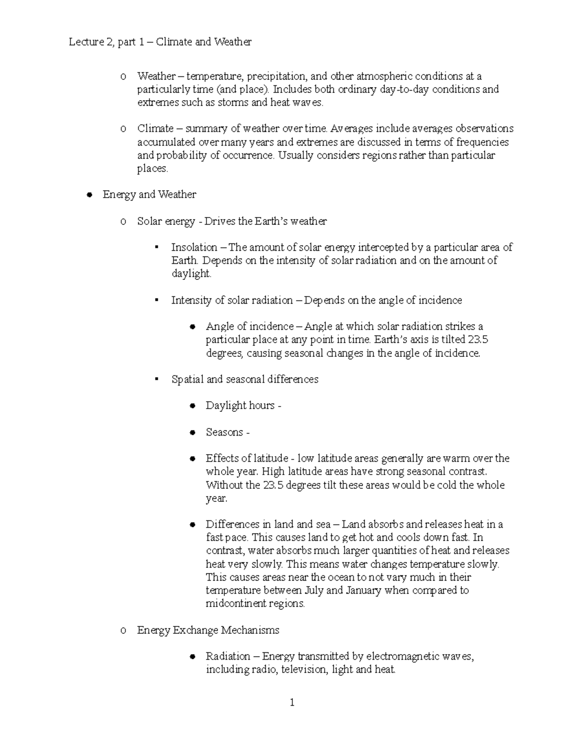 Chapter 2 part1 - Lecture notes 2 - Lecture 2, part 1 – Climate and ...