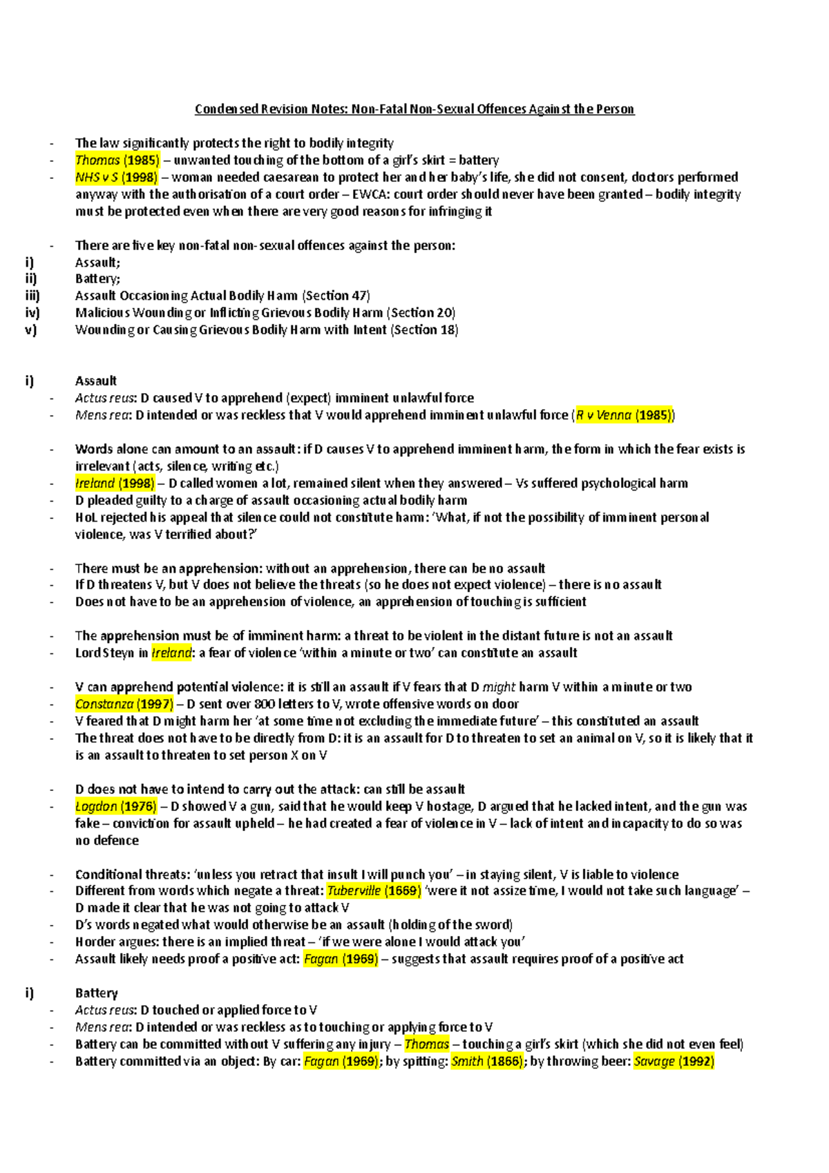 Condensed Revision Notes on 4 Non-Fatal, Non-Sexual Offences Against ...