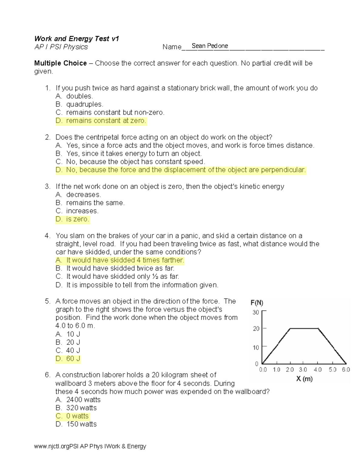 Kami Export   Sean P   Ap Phys1 Study Guide   Work And Energy Test V AP