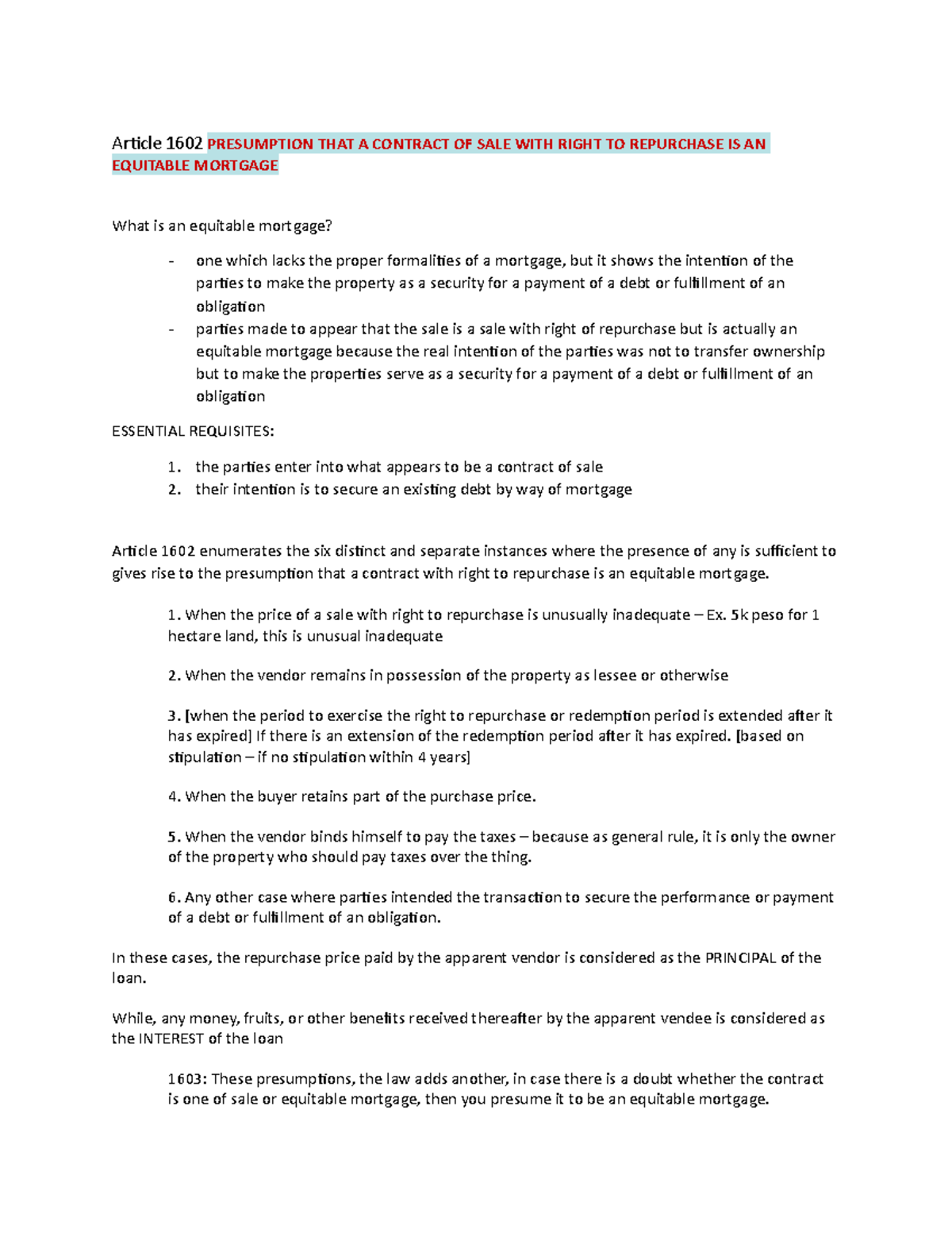 Article 1602 - Article 1602 PRESUMPTION THAT A CONTRACT OF SALE WITH RIGHT  TO REPURCHASE IS AN - Studocu