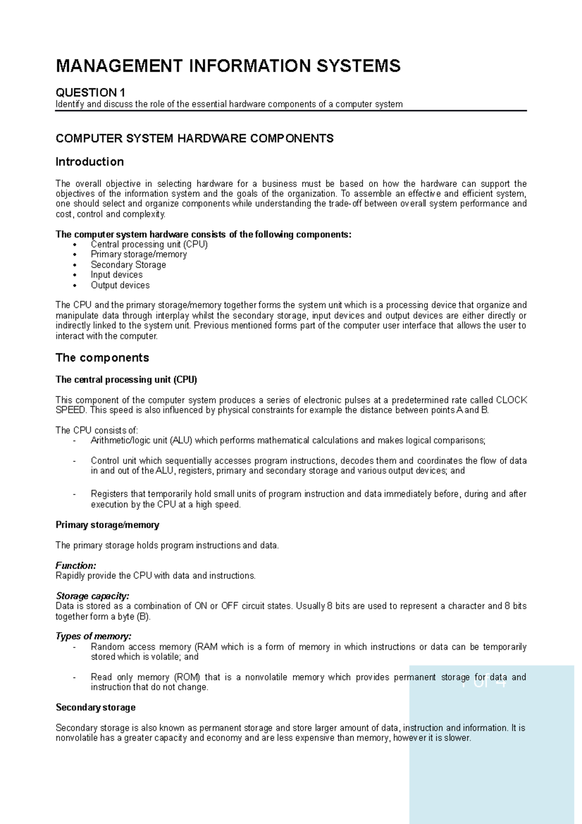 Assignment - MANAGEMENT INFORMATION SYSTEMS QUESTION 1 Identify and ...
