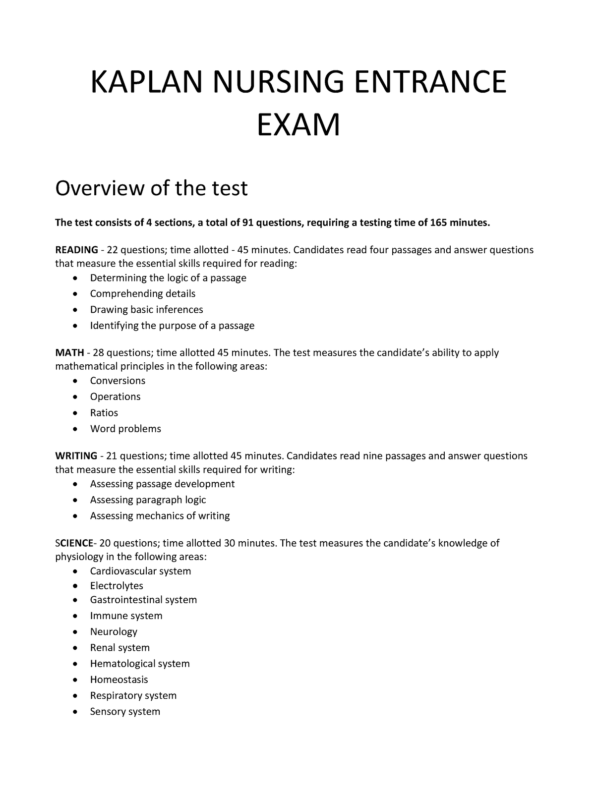 Kaplan Nursing Exam Info KAPLAN NURSING ENTRANCE EXAM Overview Of The 