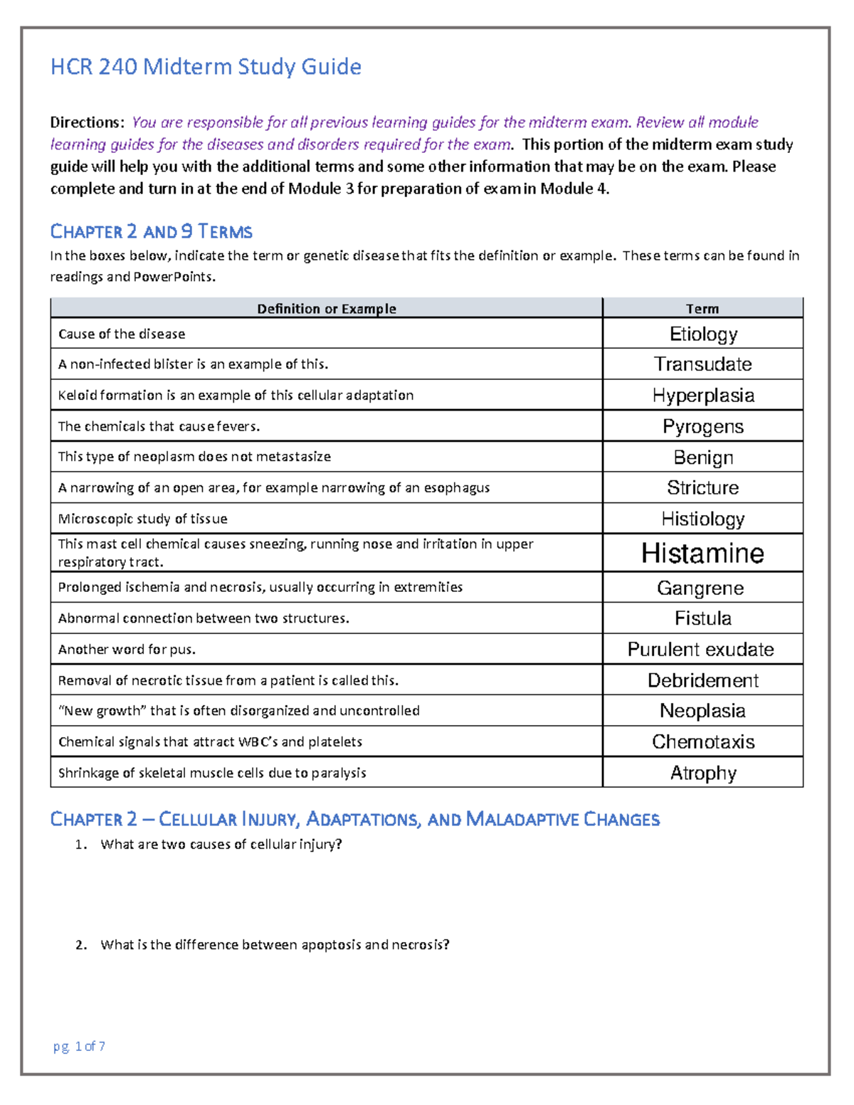 Midterm Exam Study Guide-human patho - Directions: You are responsible ...