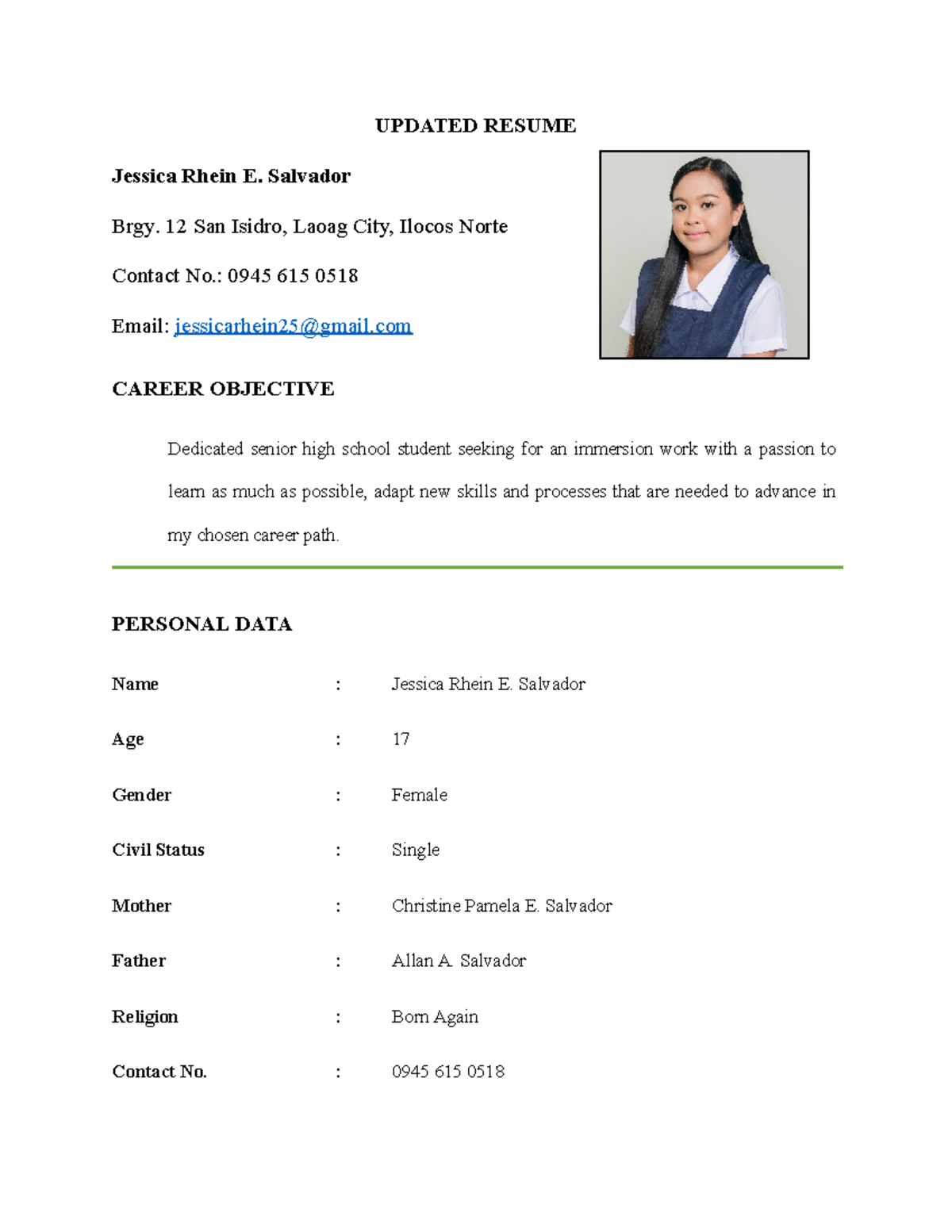 Salvador Jessica Rhein Updated Resume - UPDATED RESUME Jessica Rhein E ...