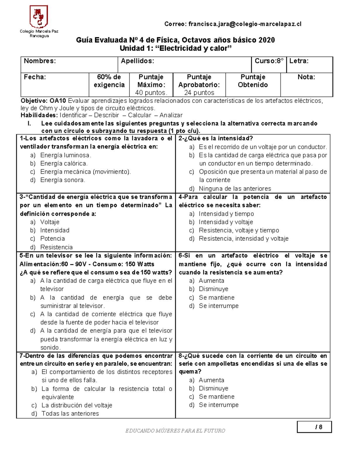 8° Ciencias Semana 23 - Colegio Marcela Paz Rancagua Guía Evaluada Nº 4 ...