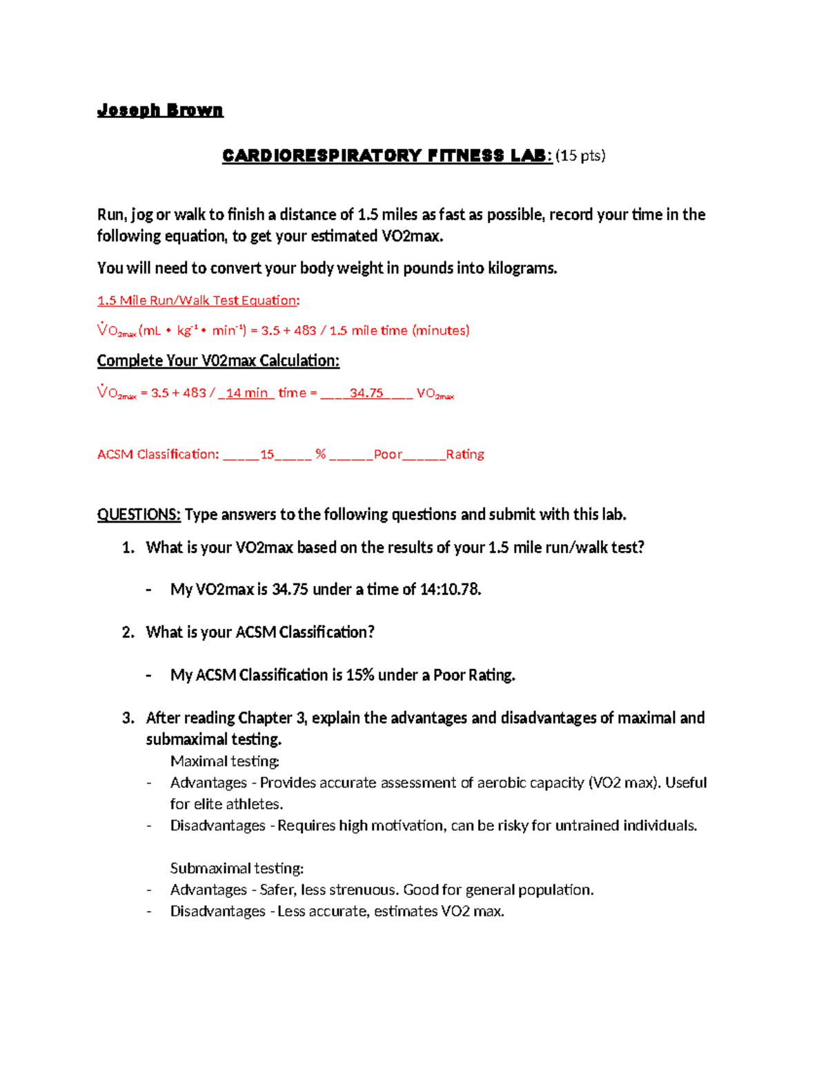 Lab Cardiorespiratory Fitness Lab 1.5 Mile - Joseph Brown ...