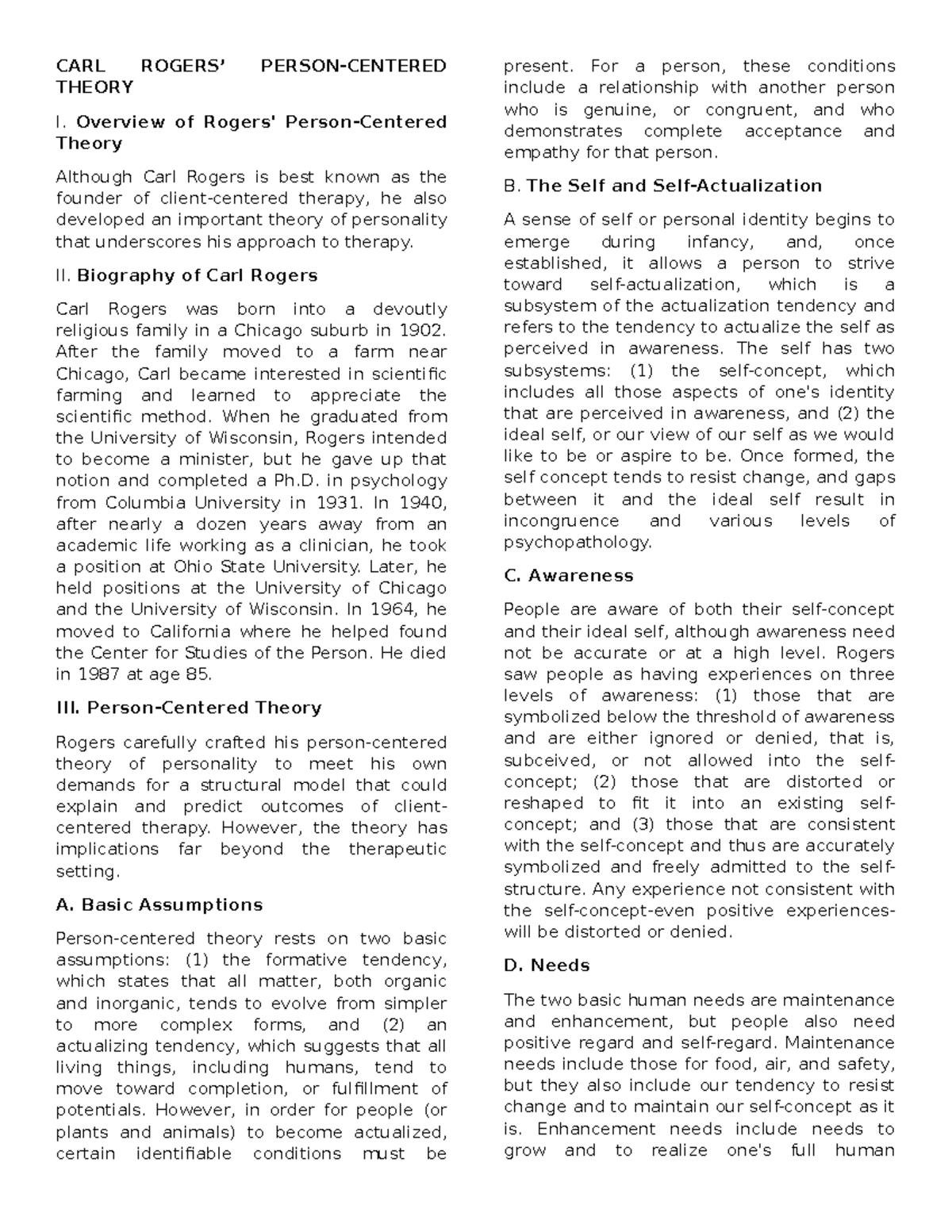 Rogers - CARL ROGERS’ PERSON-CENTERED THEORY I. Overview of Rogers ...