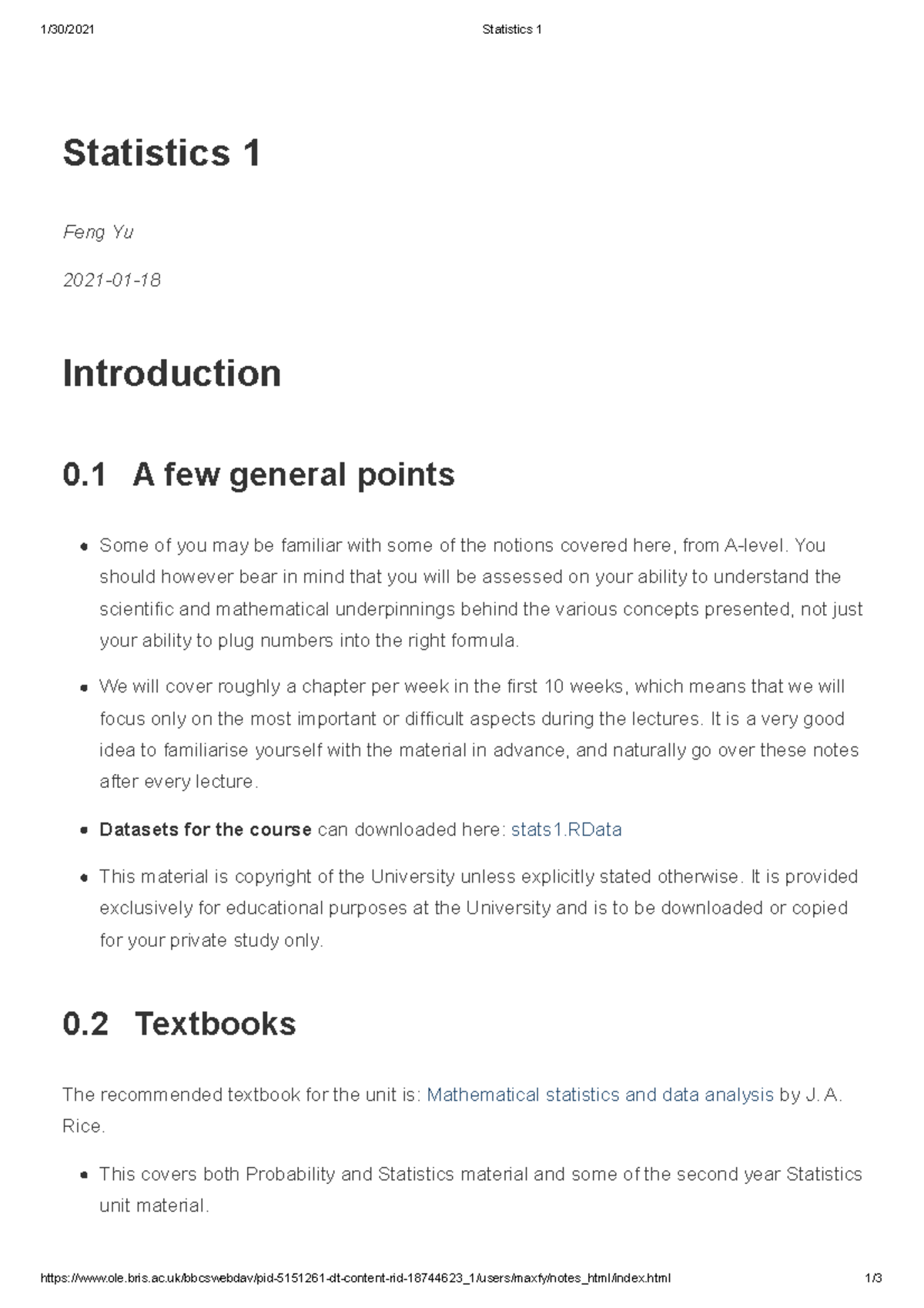 Statistics 1 Lecture Notes - 1/30/2021 Statistics 1 - Studocu