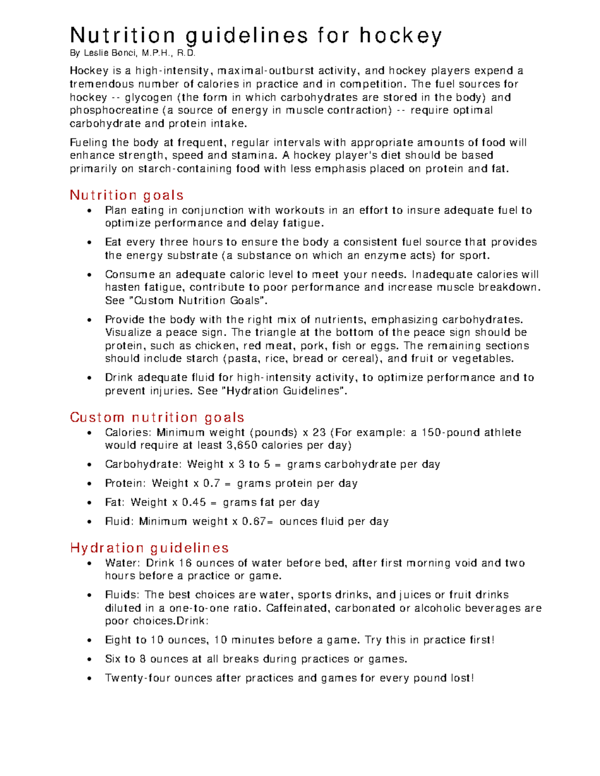 Nutrition guidelines for hockey P., R. Hockey is a highintensity