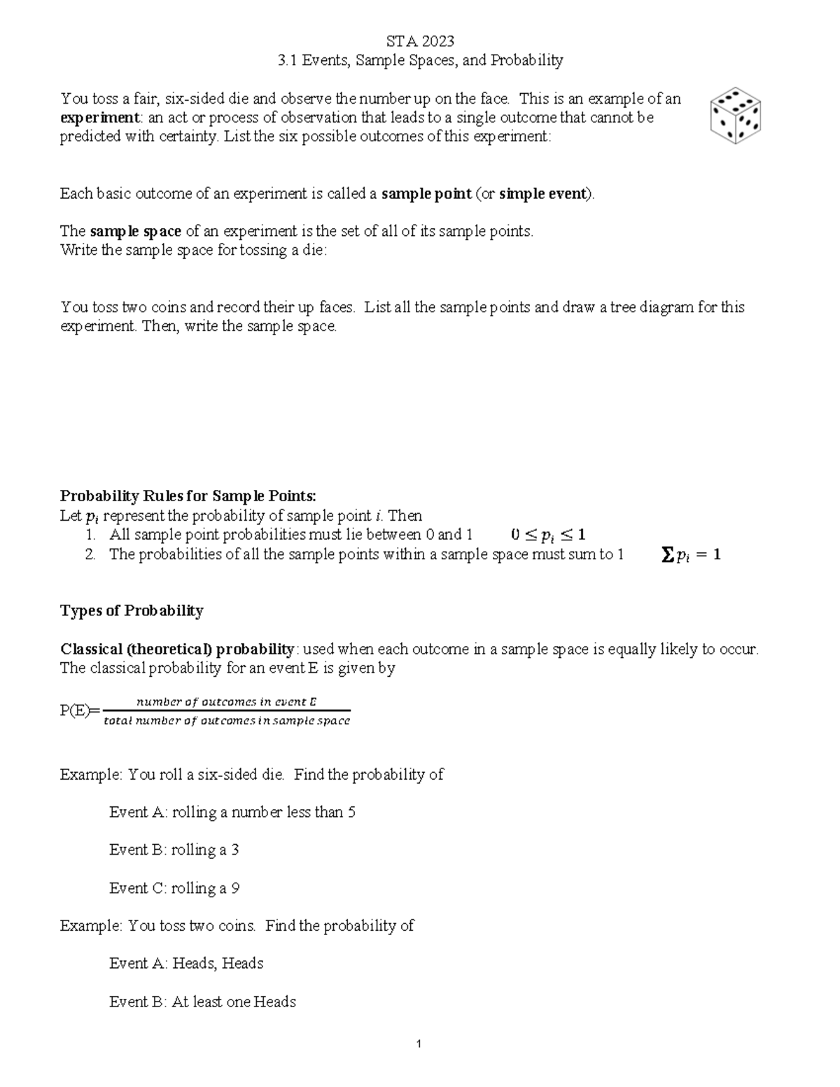 Note+outlines+for+exam+2 - STA 2023 3 Events, Sample Spaces, and ...