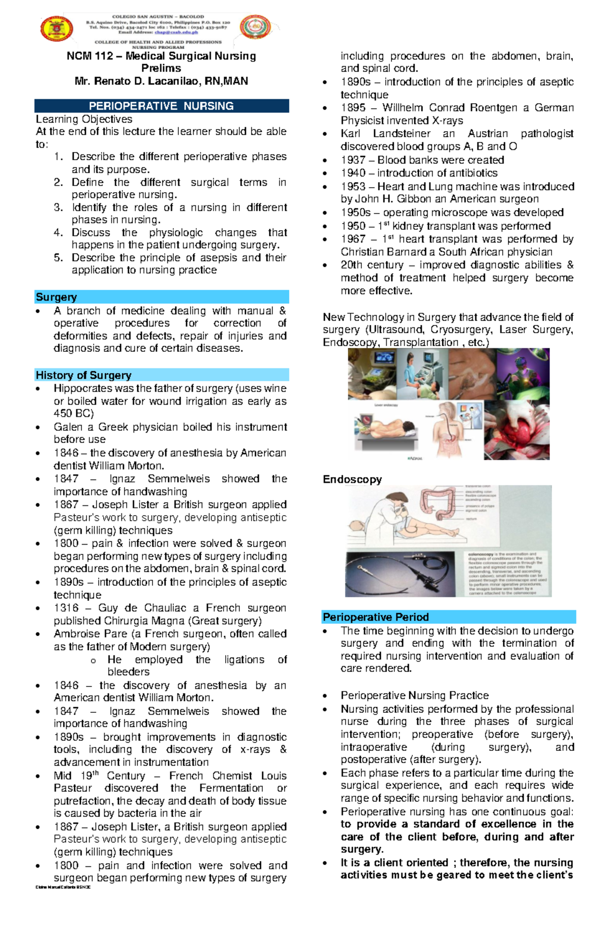 Peri-and-Pre - notes for operating room - NCM 112 – Medical Surgical ...