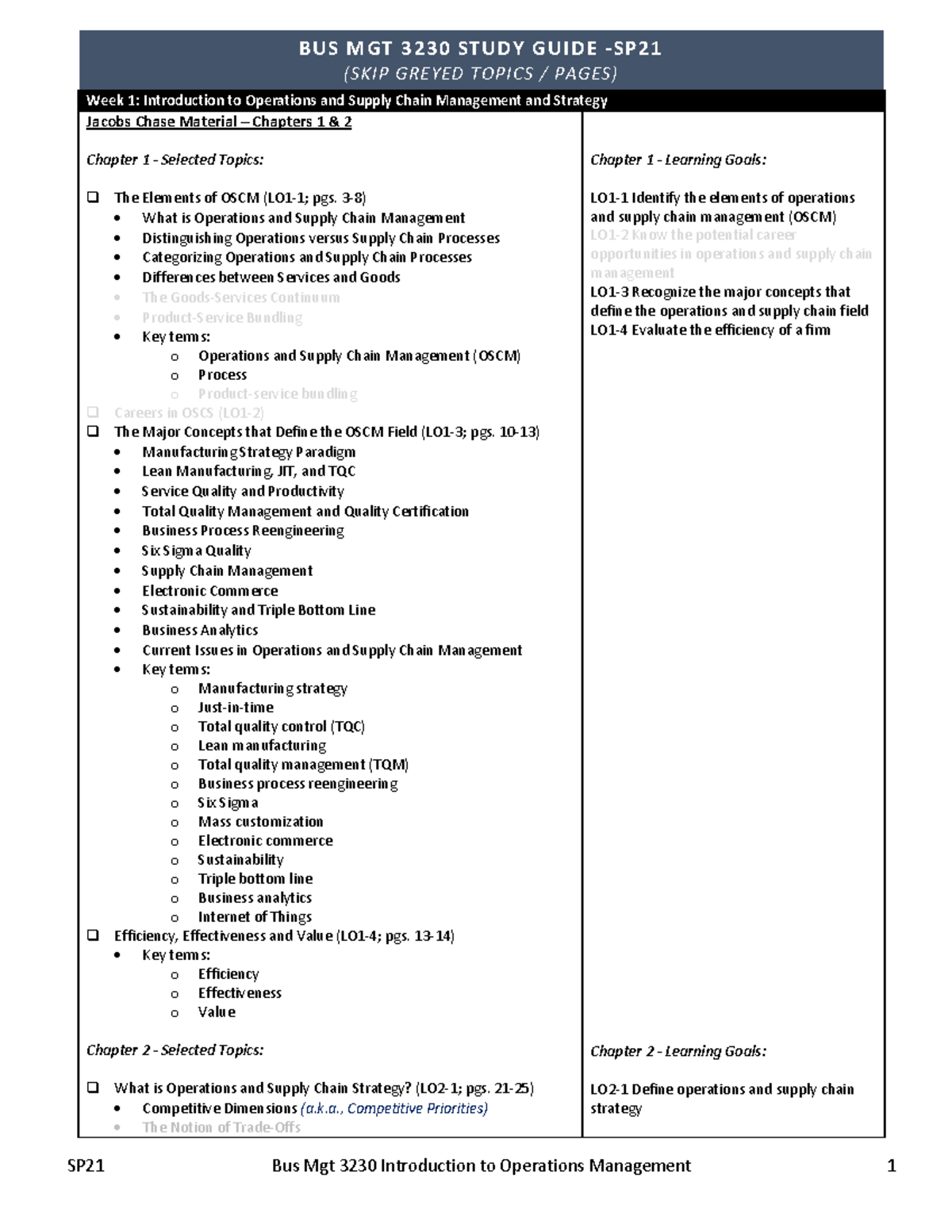 3230 Exam 1 Study Guide Sp21 Skip Greyed Topics Pages Week 1 Introduction To Operations 3230 Exam 1 Study Guide Sp21 Skip Greyed Topics Pages Week 1 Introduction To Operations