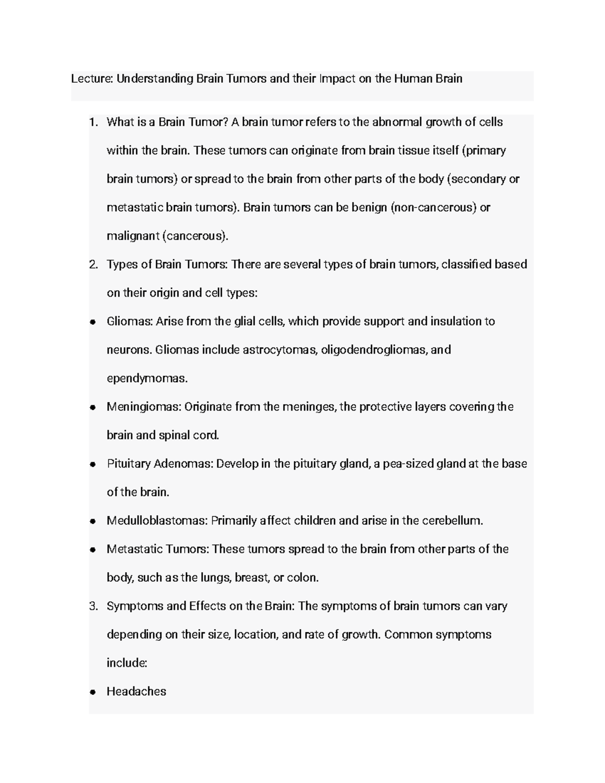 Lecture Understanding Brain Tumors and their Impact on the Human Brain