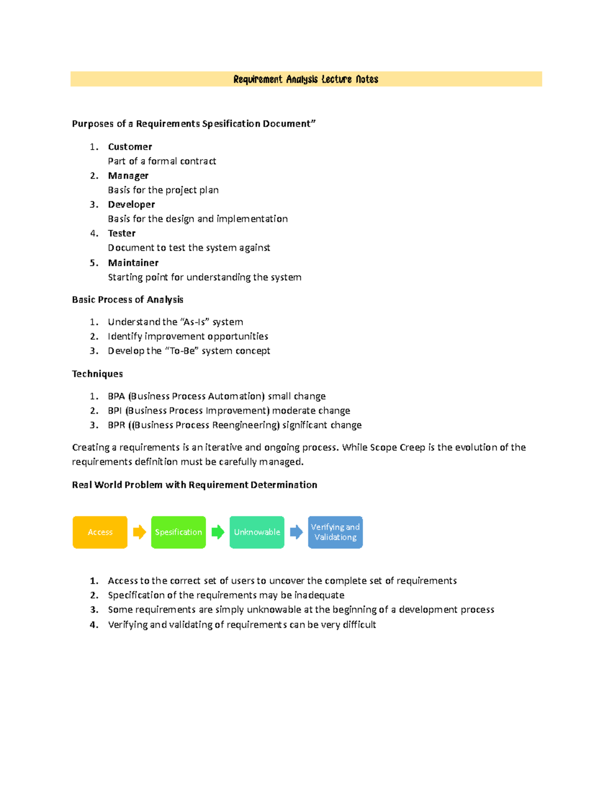 Requirement Analysis Lecture Notes - Purposes of a Requirements ...