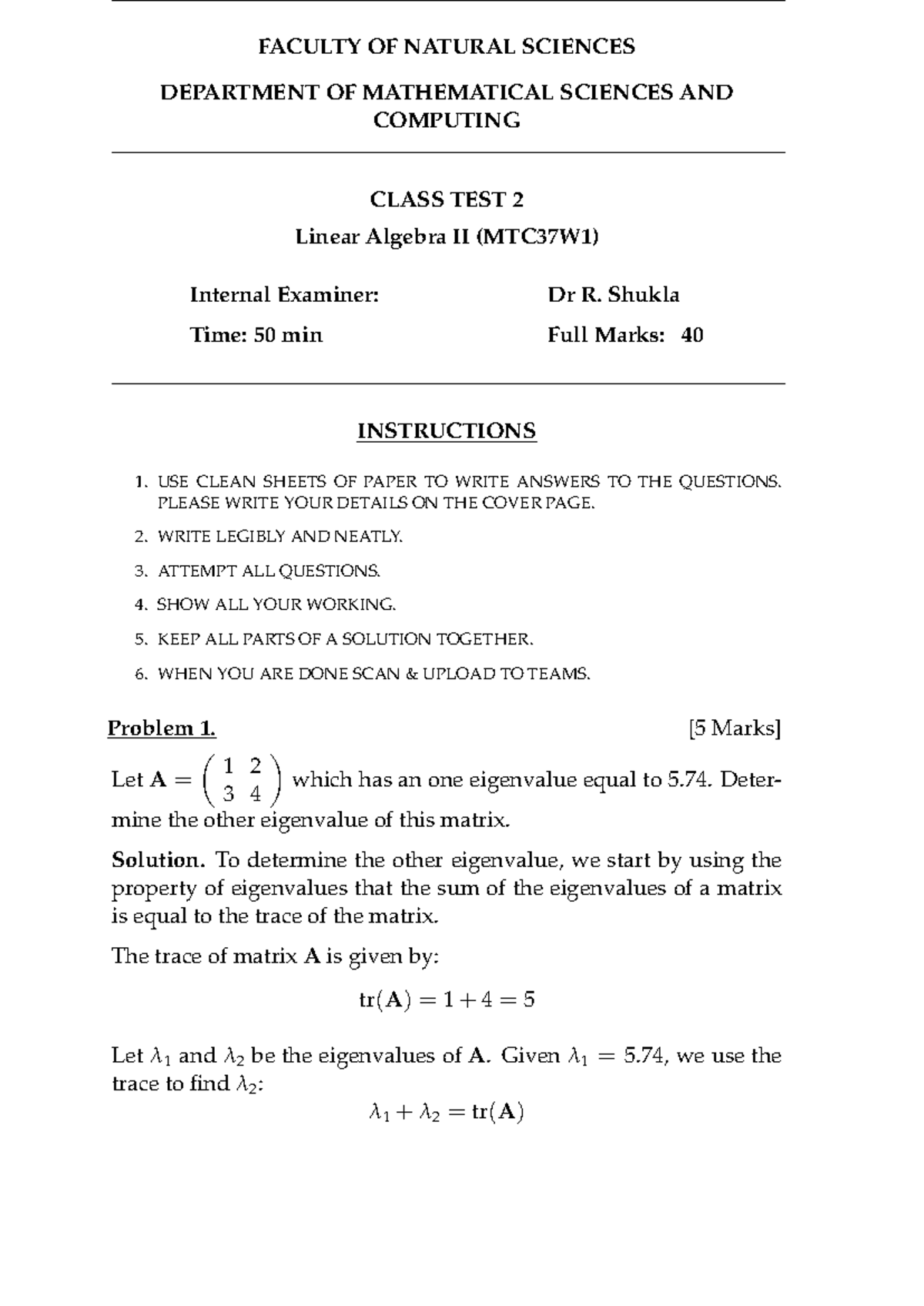 Test2Answer - Test 2 on Linear Algebra - FACULTY OF NATURAL SCIENCES ...