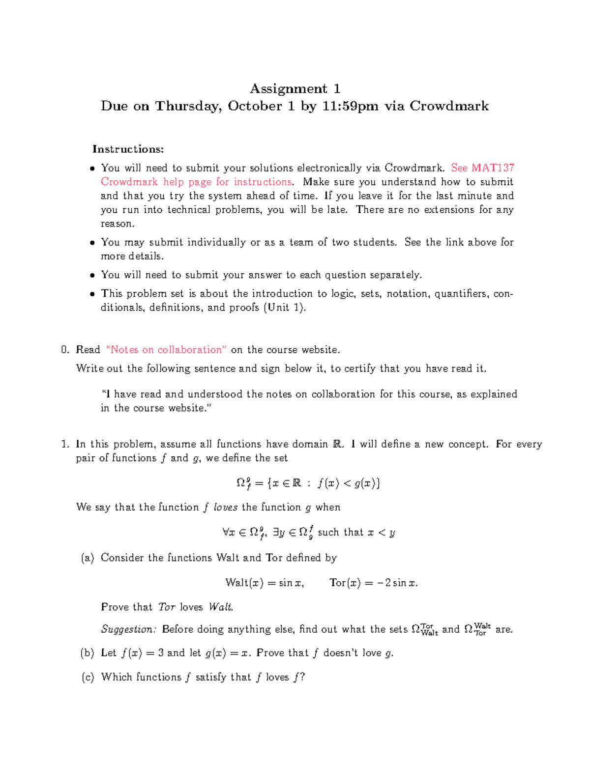 MATH 31 Assignment 1 MAT 137Y Calculus with proofs Assignment 1 Due