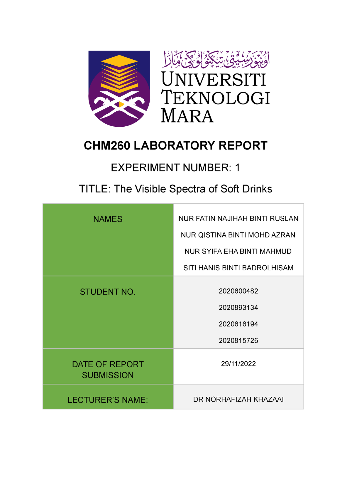 CHM260 LAB REP 1 - CHM260 LABORATORY REPORT EXPERIMENT NUMBER: 1 TITLE ...