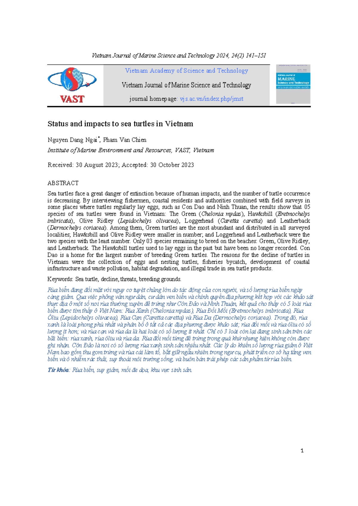 Status and impacts to sea turtles in Vietnam - Vietnam Journal of ...