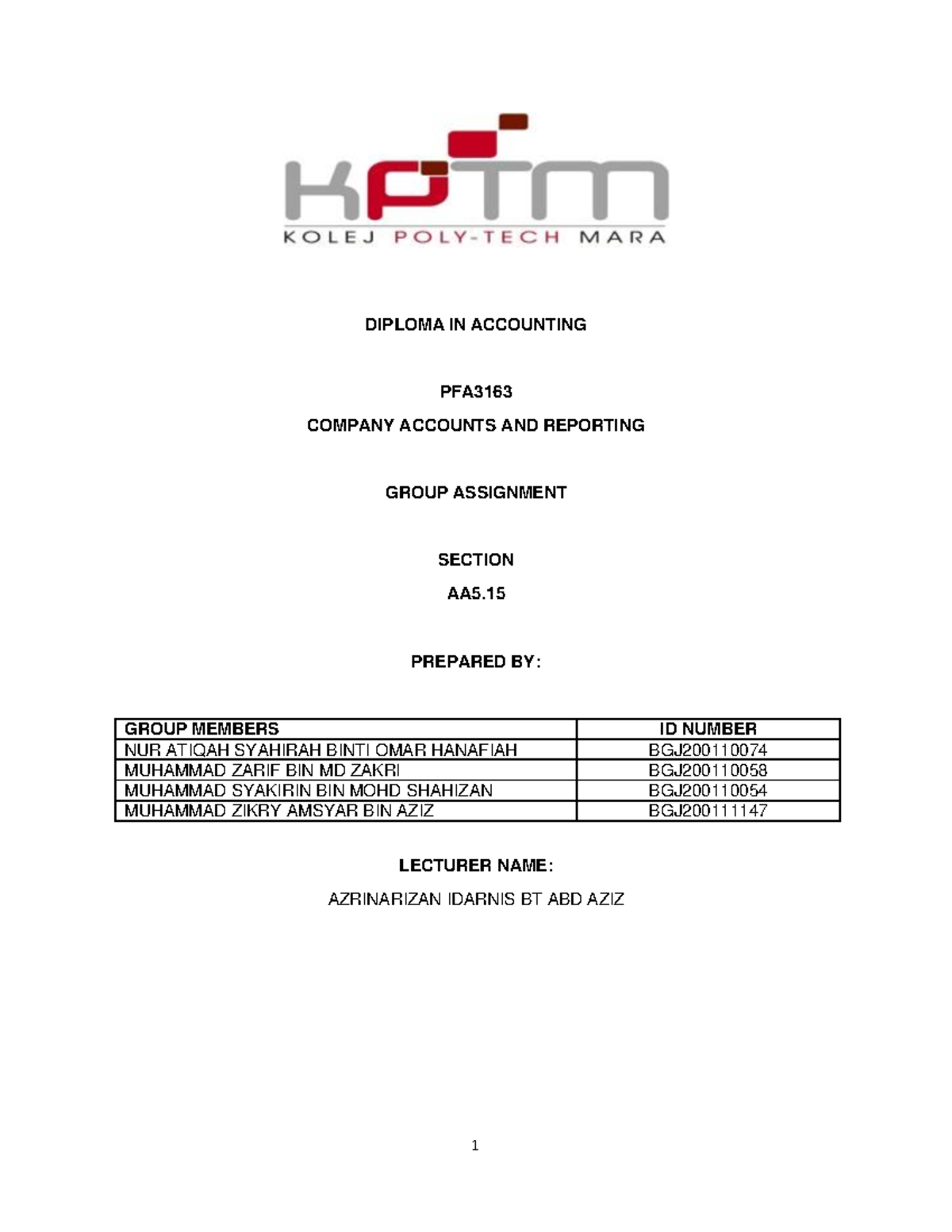 AA5.15 Ekoshu Store SDN BHD DIPLOMA IN ACCOUNTING PFA COMPANY