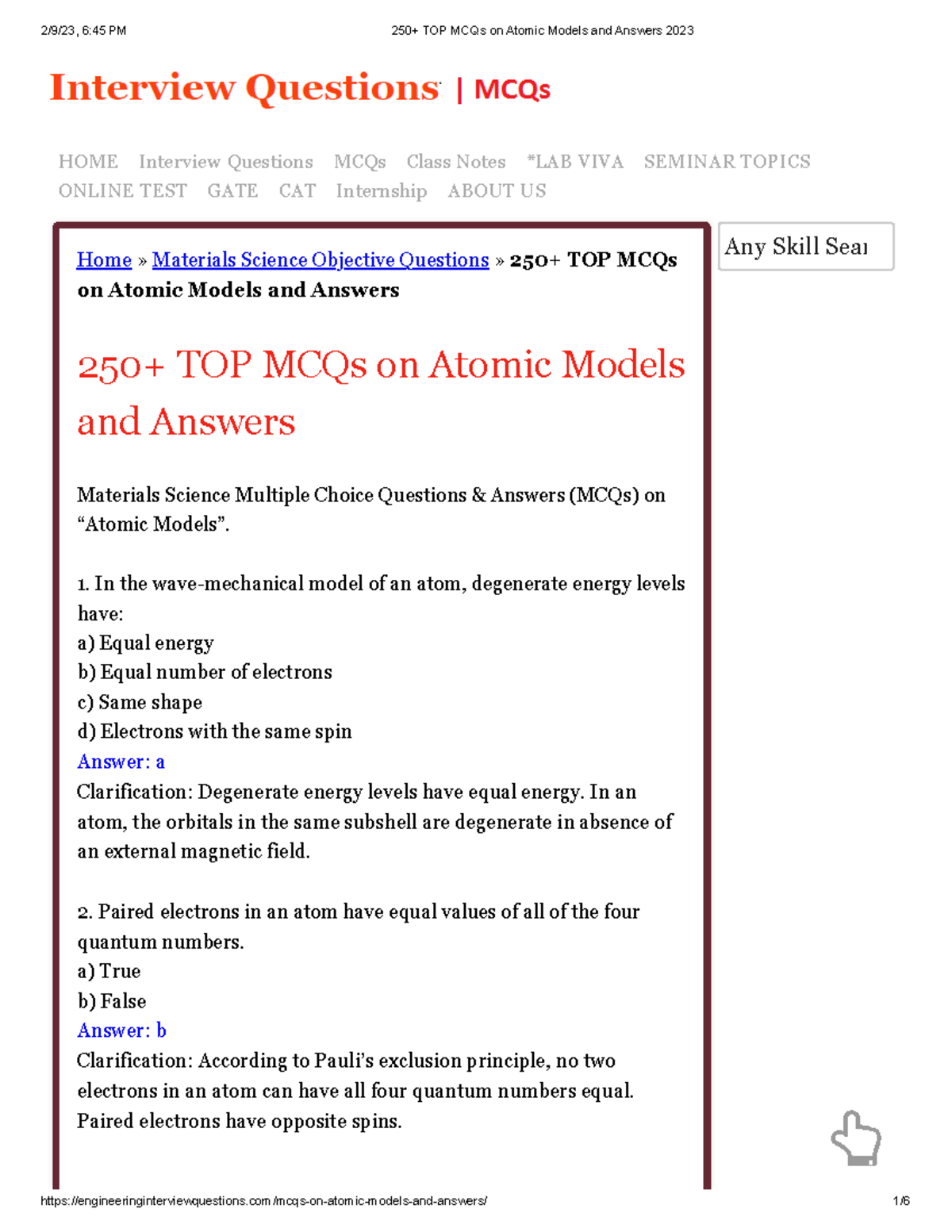 250+ TOP MCQs on Atomic Models and Answers In the wavemechanical