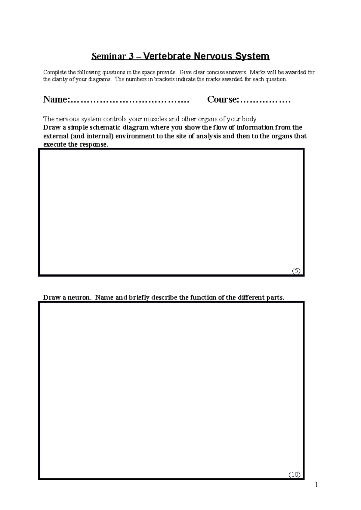 Seminar Worksheet 3 vertebrate nervous system - Complete the following ...