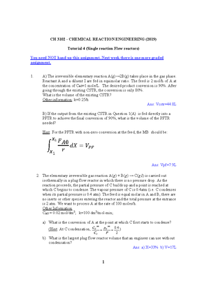 2019 CH3102 Tutorial 1 uploaded - 1 CH 3102 - CHEMICAL REACTION ...