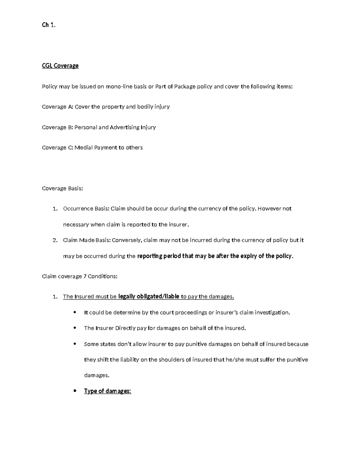 CPCU Commercial Liability Notes - Ch 1. CGL Coverage Policy may be ...