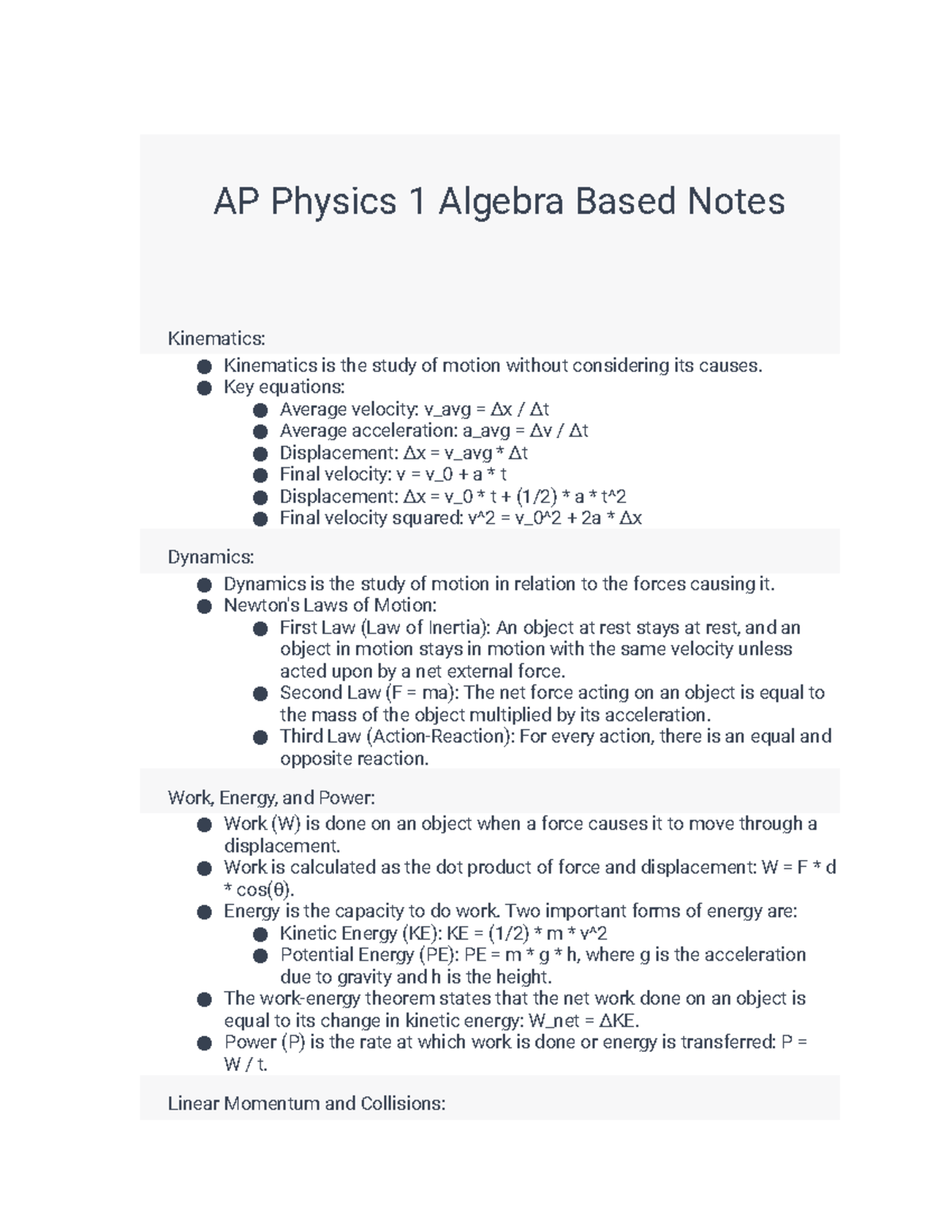 AP Physics 1 Algebra Based Notes - Studocu