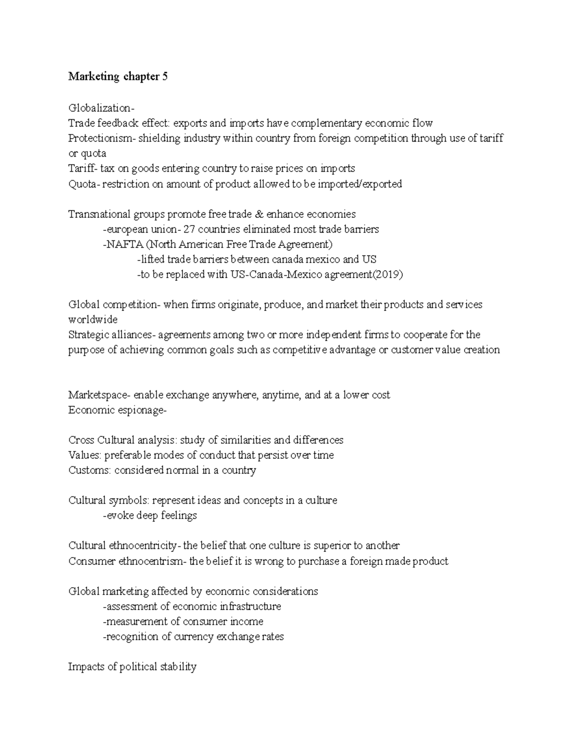 Marketing chpt 5-9 - lecture notes - Marketing chapter 5 Globalization ...