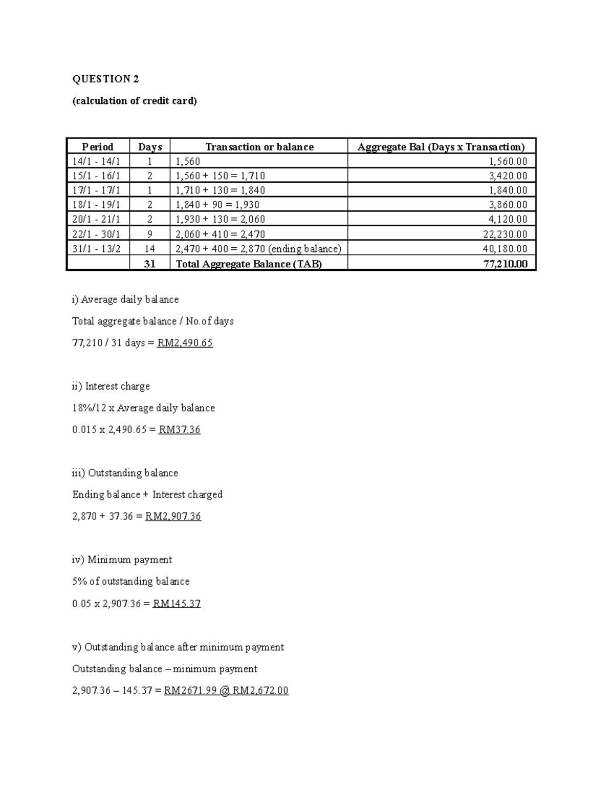 PYQ Dec 2018 Answer - QUESTION 2 (calculation of credit card) Period ...