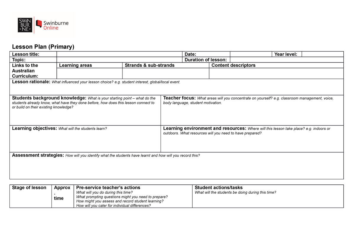 Primary lesson plan template Lesson Plan (Primary) Lesson title Date
