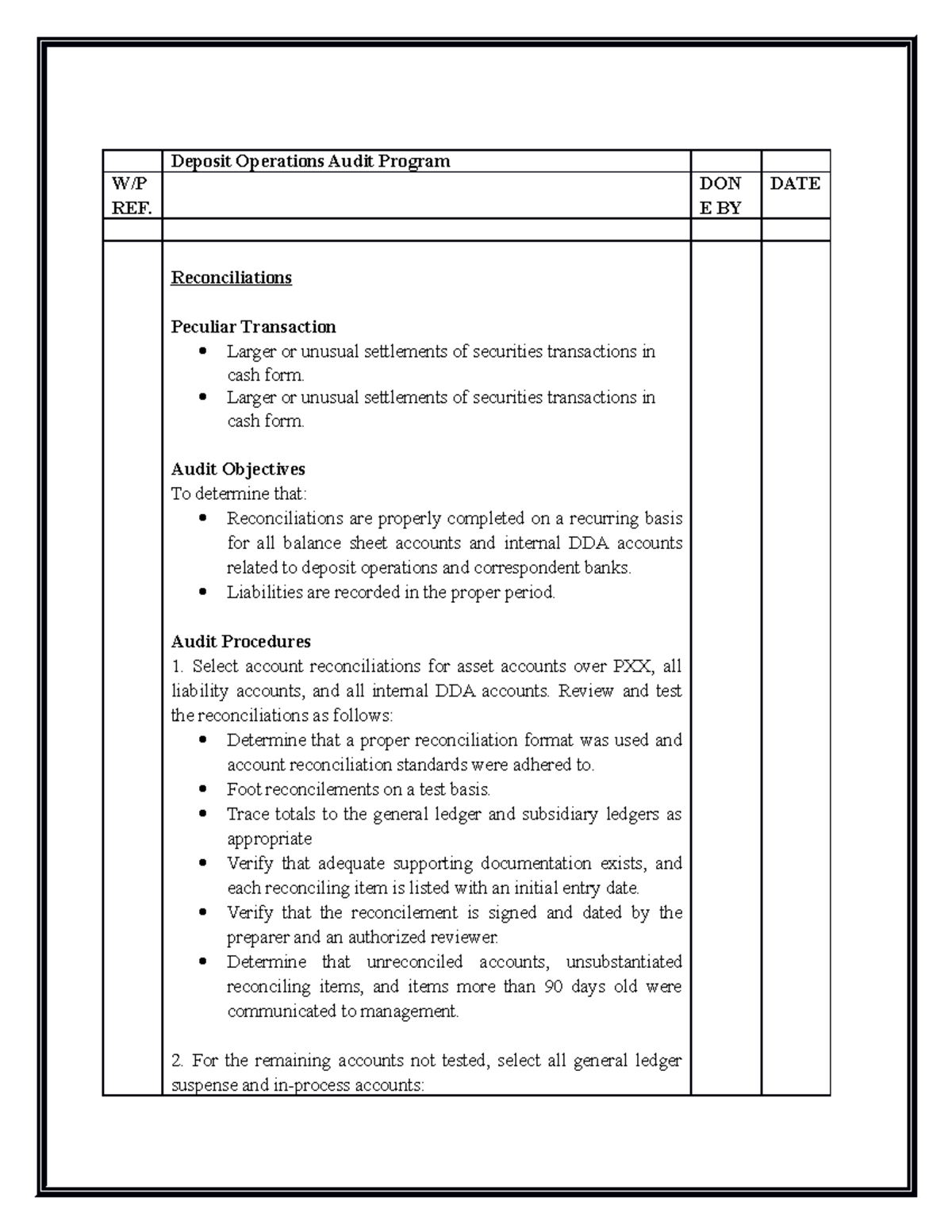 02 Task Performance 1 - Deposit Operations Audit Program W/P REF. DON E ...