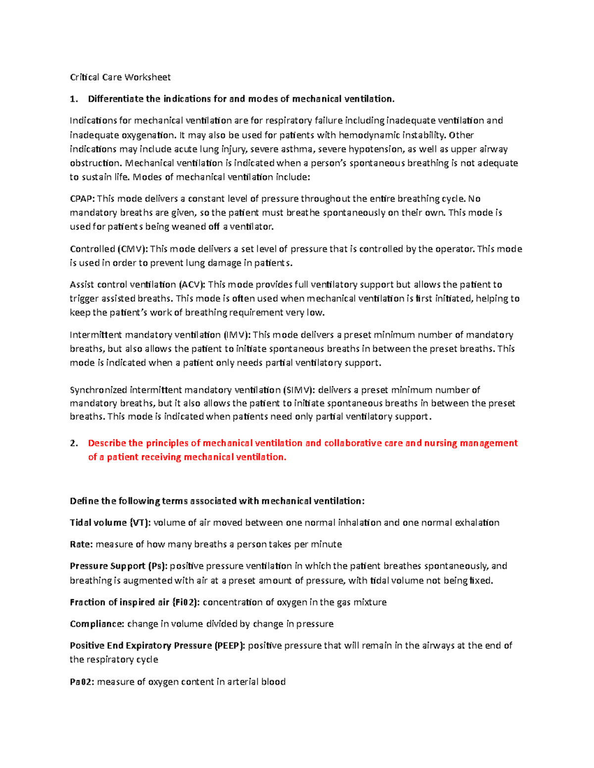 Critical Care Worksheet - Critical Care Worksheet Differentiate the ...