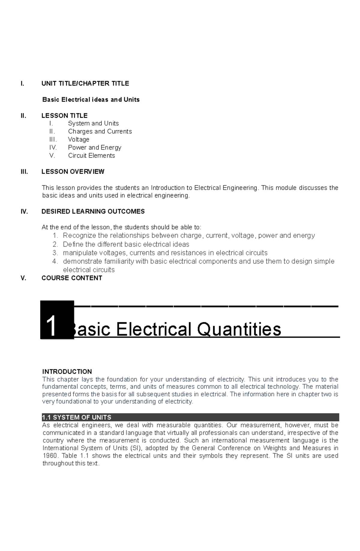 BEE-Module-1 Final - ELECTRICAL ENGINEERING NOTES - I. UNIT TITLE ...
