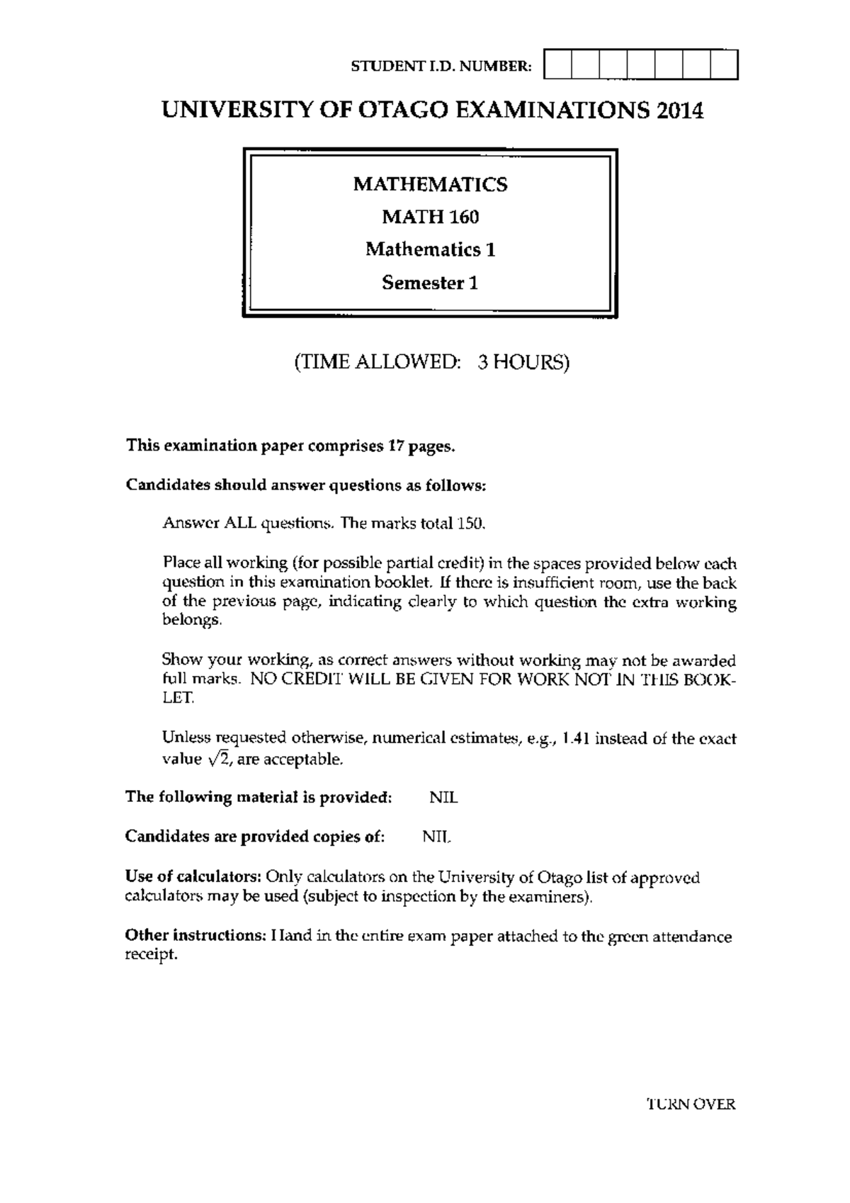 Math160 2014 s1 - past papers - maths - Studocu