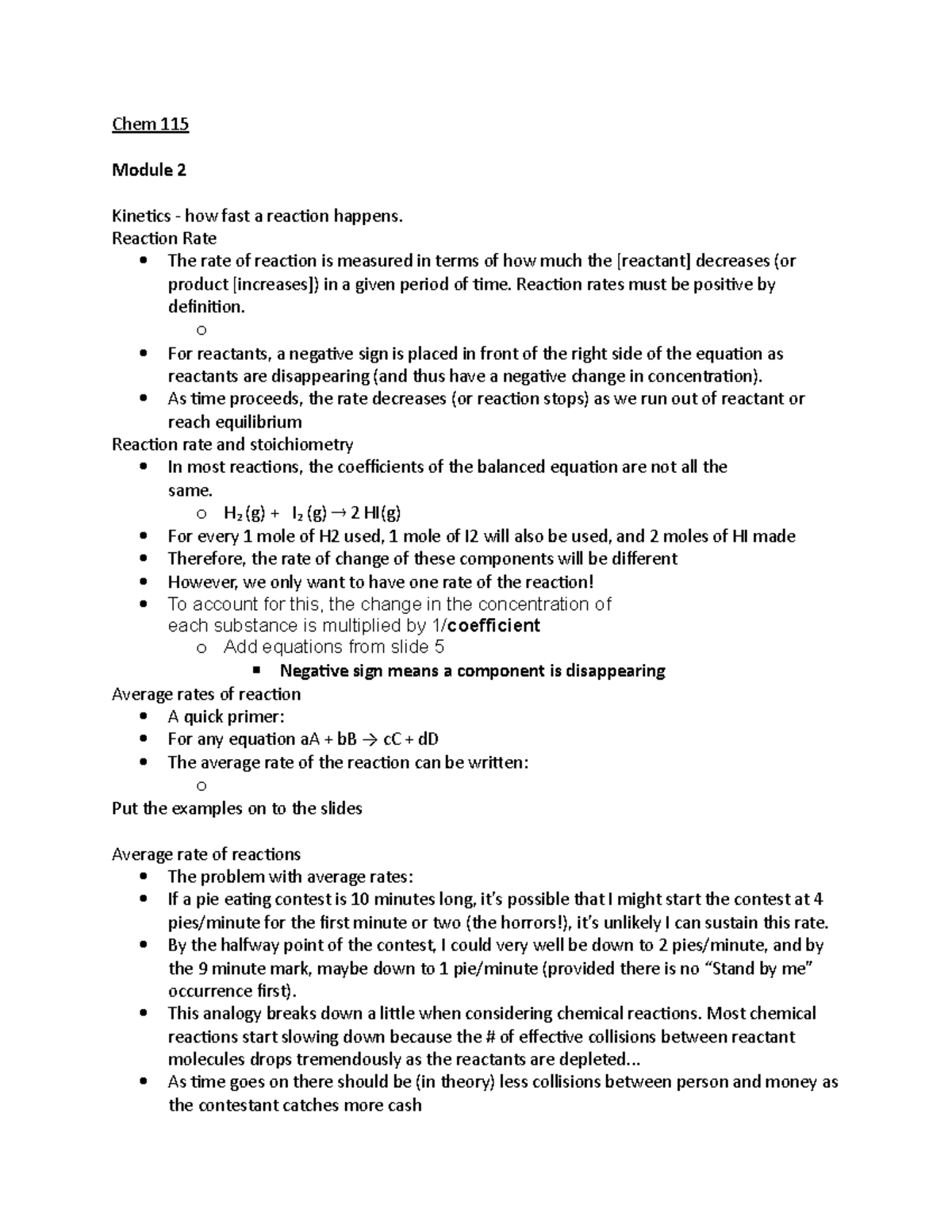 Chem 115 - Chem Notes - Chem 115 Module 2 Kinetics - How Fast A ...