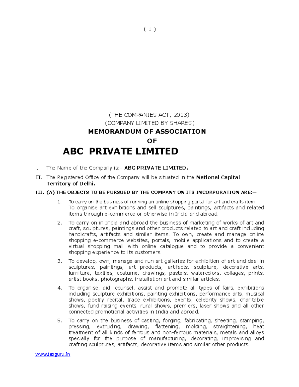 MOA as per New Companies Act 2013 (THE COMPANIES ACT, 2013)