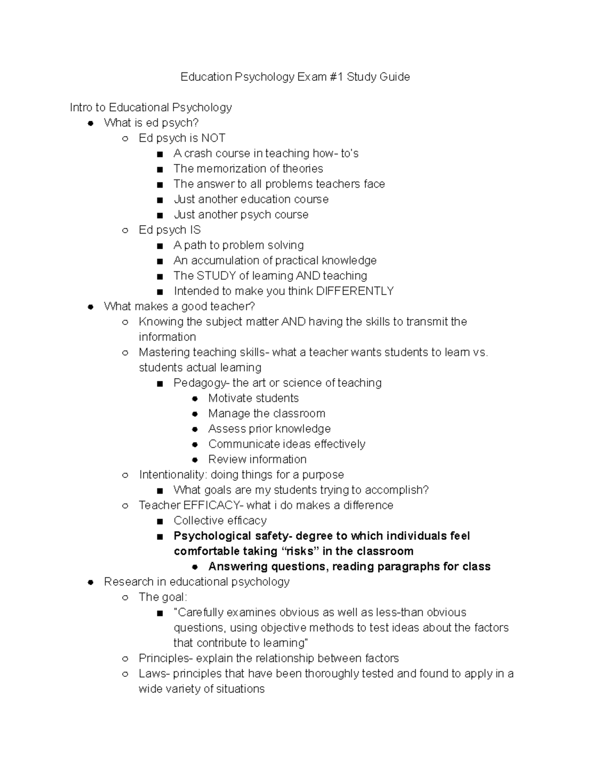 Educational Psychology Exam 1 study guide Education Psychology Exam