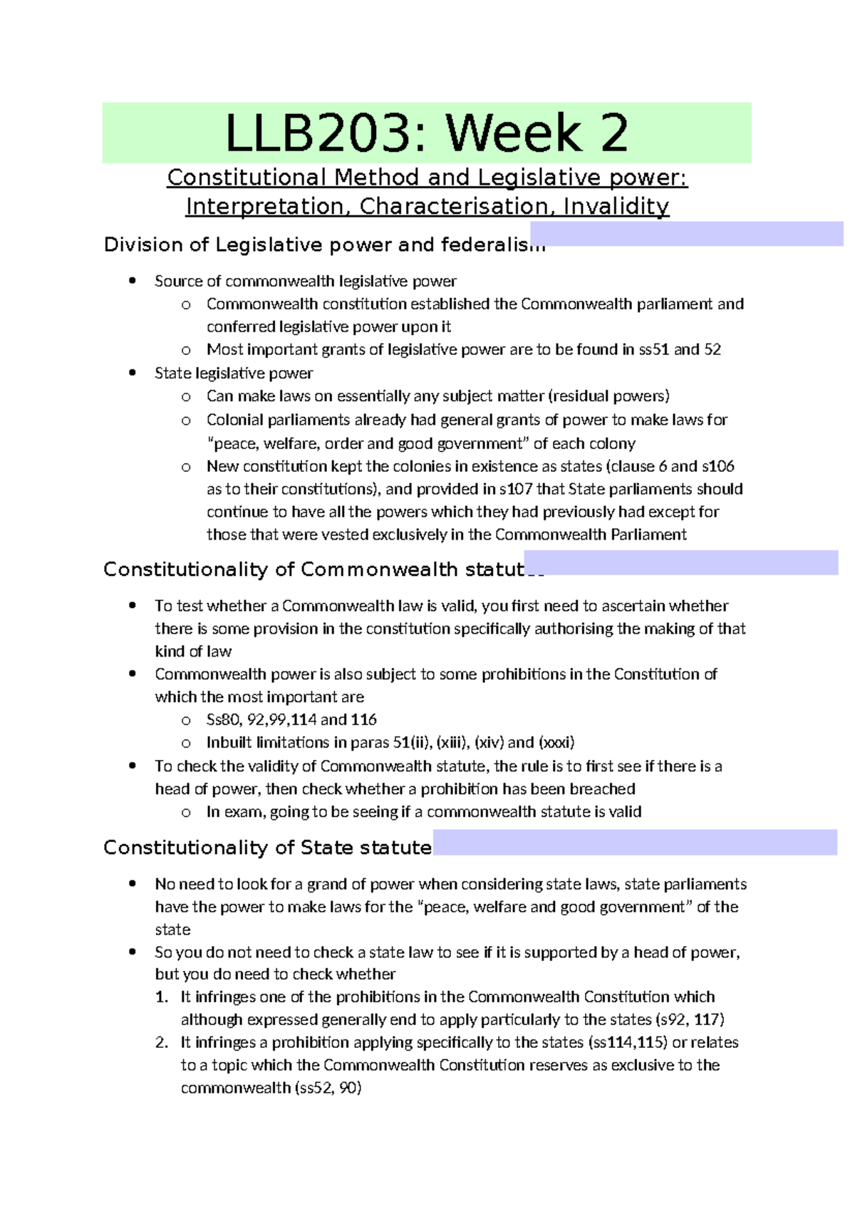 Week 2 - LLB203: Week 2 Constitutional Method and Legislative power ...
