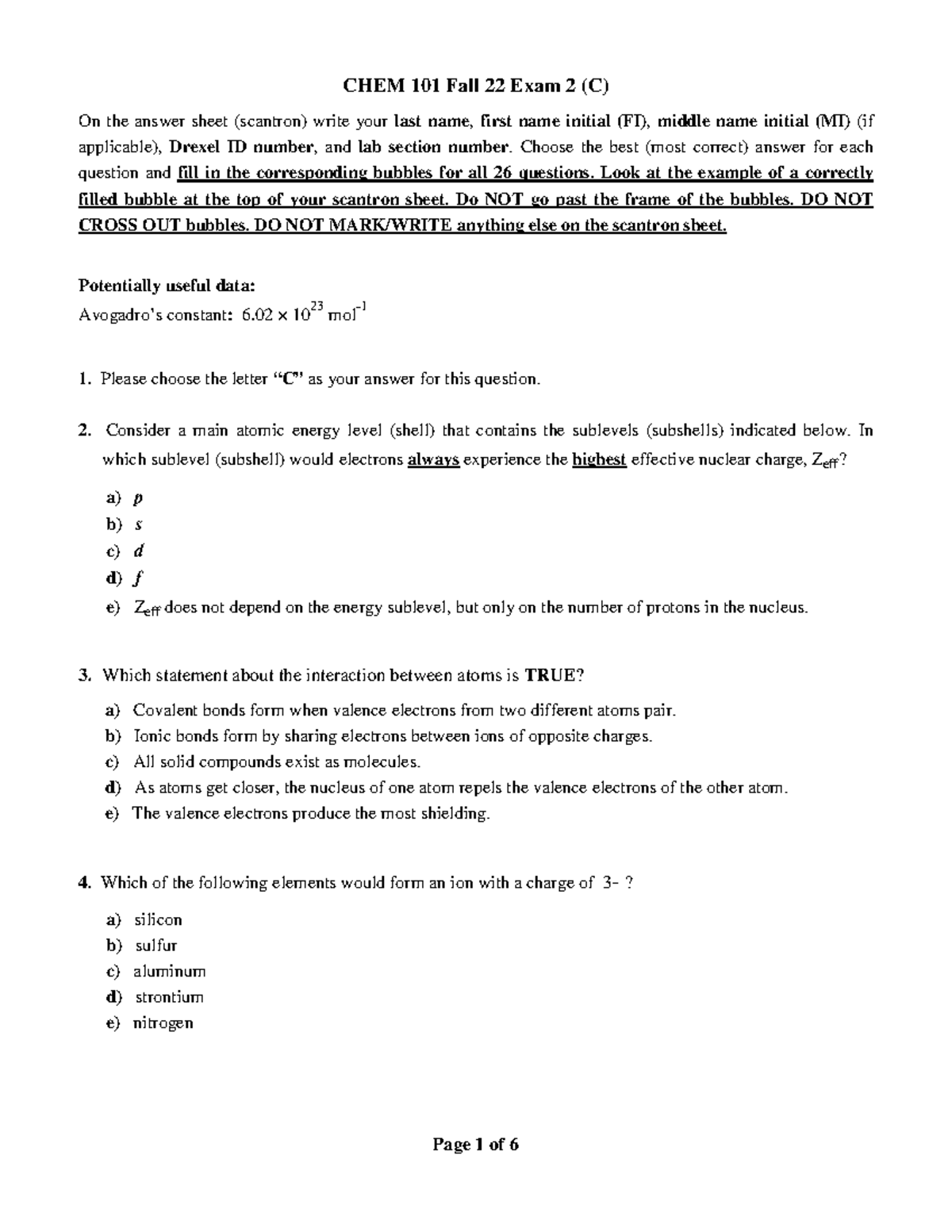 CHEM 101 Fall 22 Exam 2 (C) - Studocu