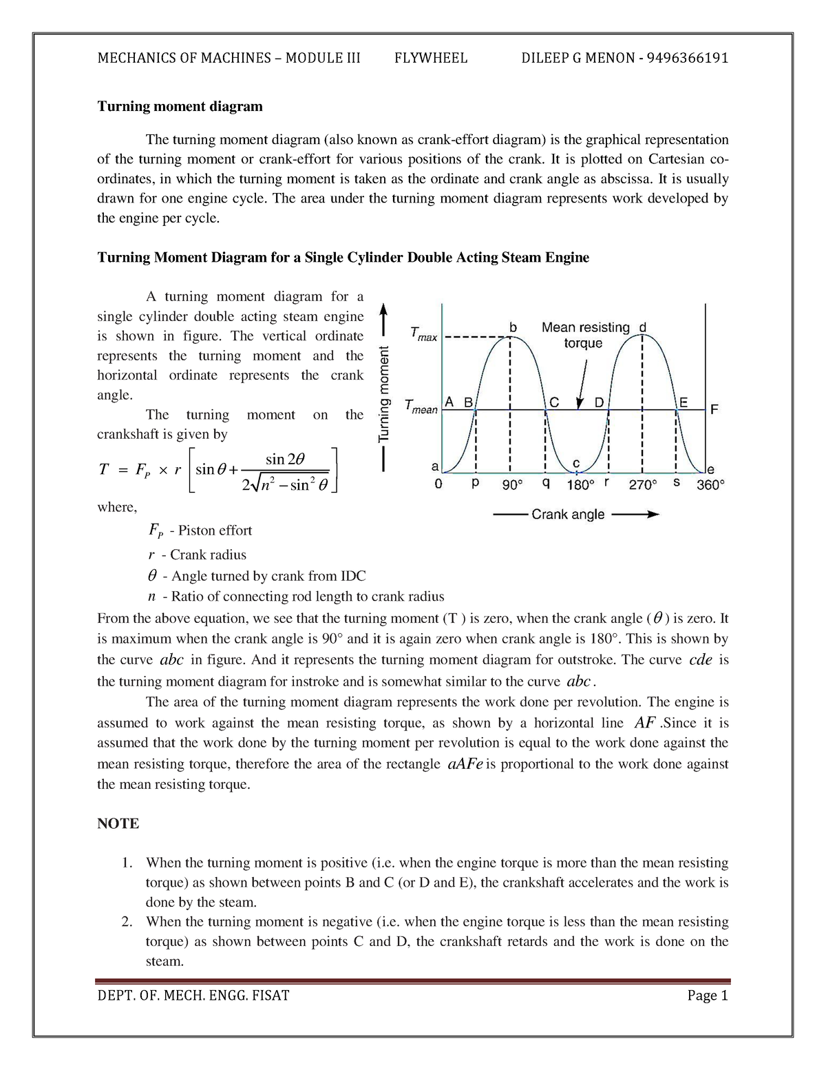 Turning Moment Diagram AND Flywheel Turning Moment Diagram The 