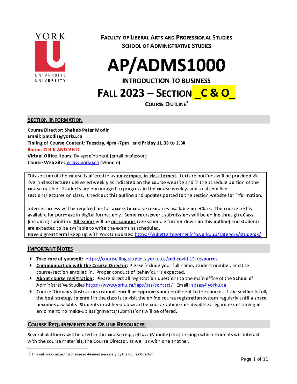 ADMS 1000 C O Course Outline fall 2023 - FACULTY OF LIBERAL ARTS AND ...