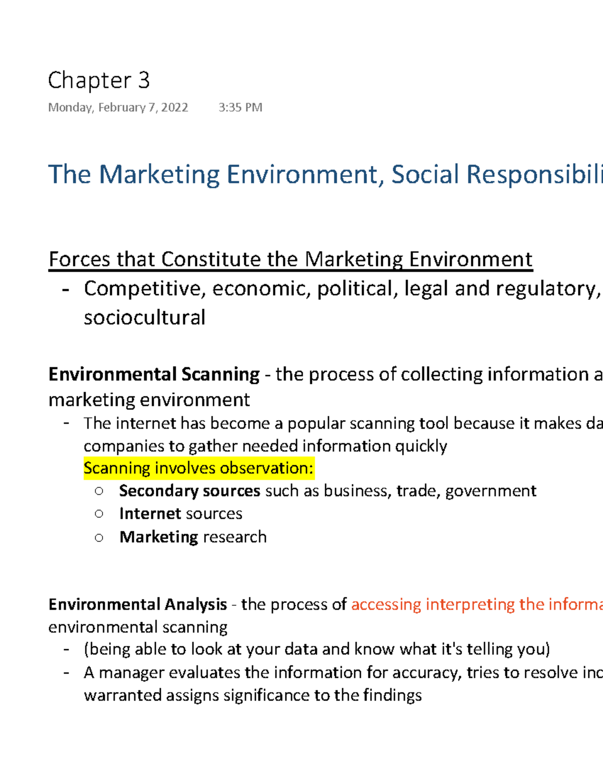 Chapter 3 Notes - The Marketing Environment, Social Responsibili Forces ...
