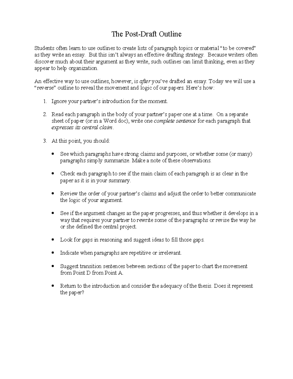 Post-Draft Outline for Peers - The Post-Draft Outline Students often ...